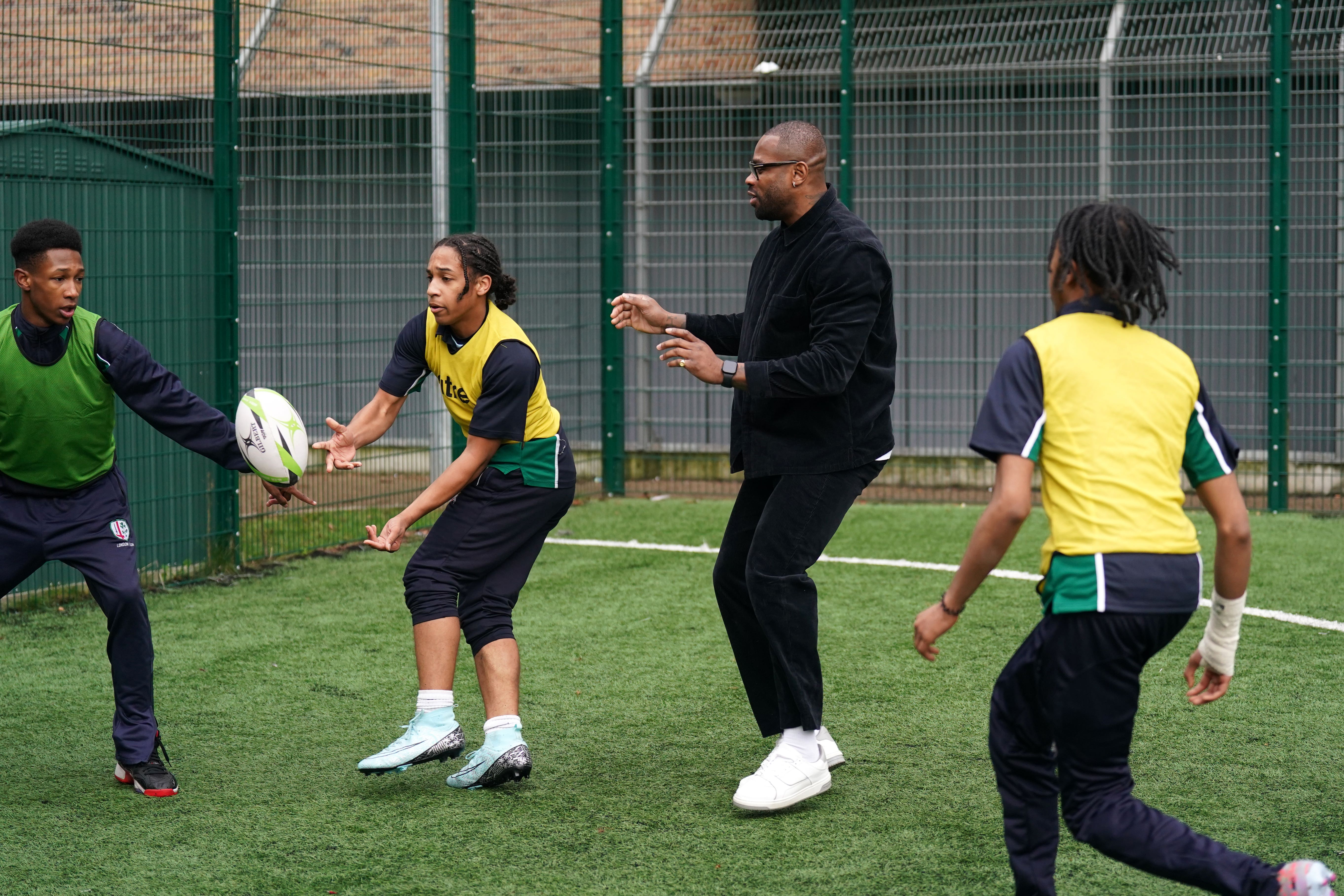 Former England player Ugo Monye joined a rugby session with youngsters in London. (Adam Davy/PA)