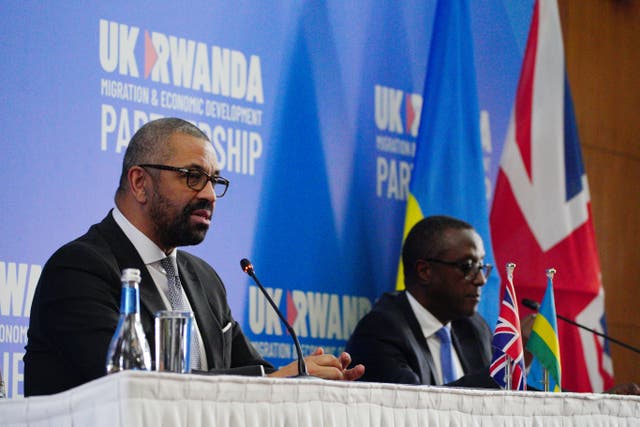 Home Secretary James Cleverly speaks during a press conference with Rwandan Minister of Foreign Affairs Vincent Biruta after the signing of a new treaty in the capital Kigali (PA)