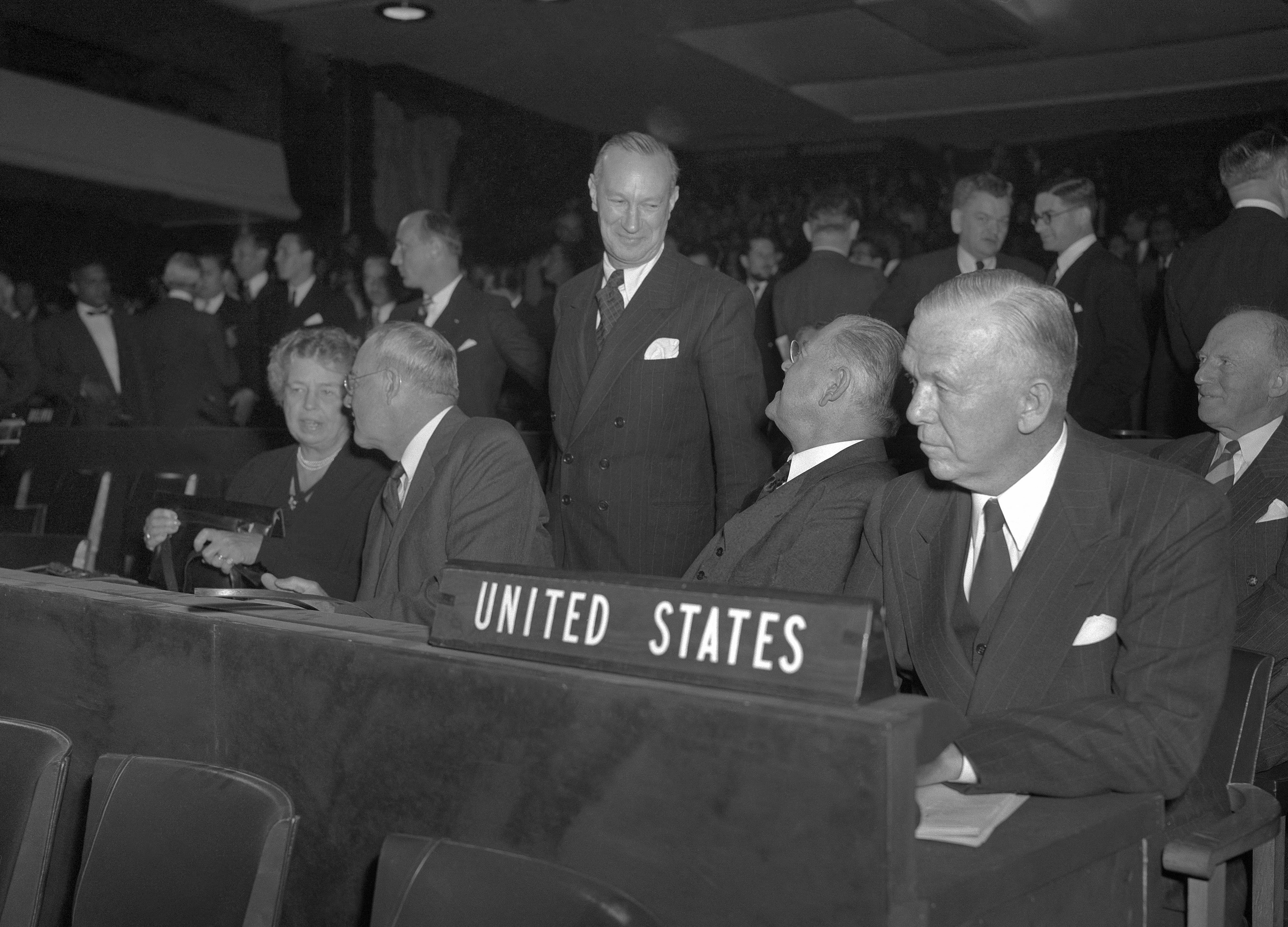 Eleanor Roosevelt (far left), wife of US president Theodore Roosevelt, at the third United Nations Assembly on 12 December 1948, which saw the adoption of the Universal Declaration of Human Rights