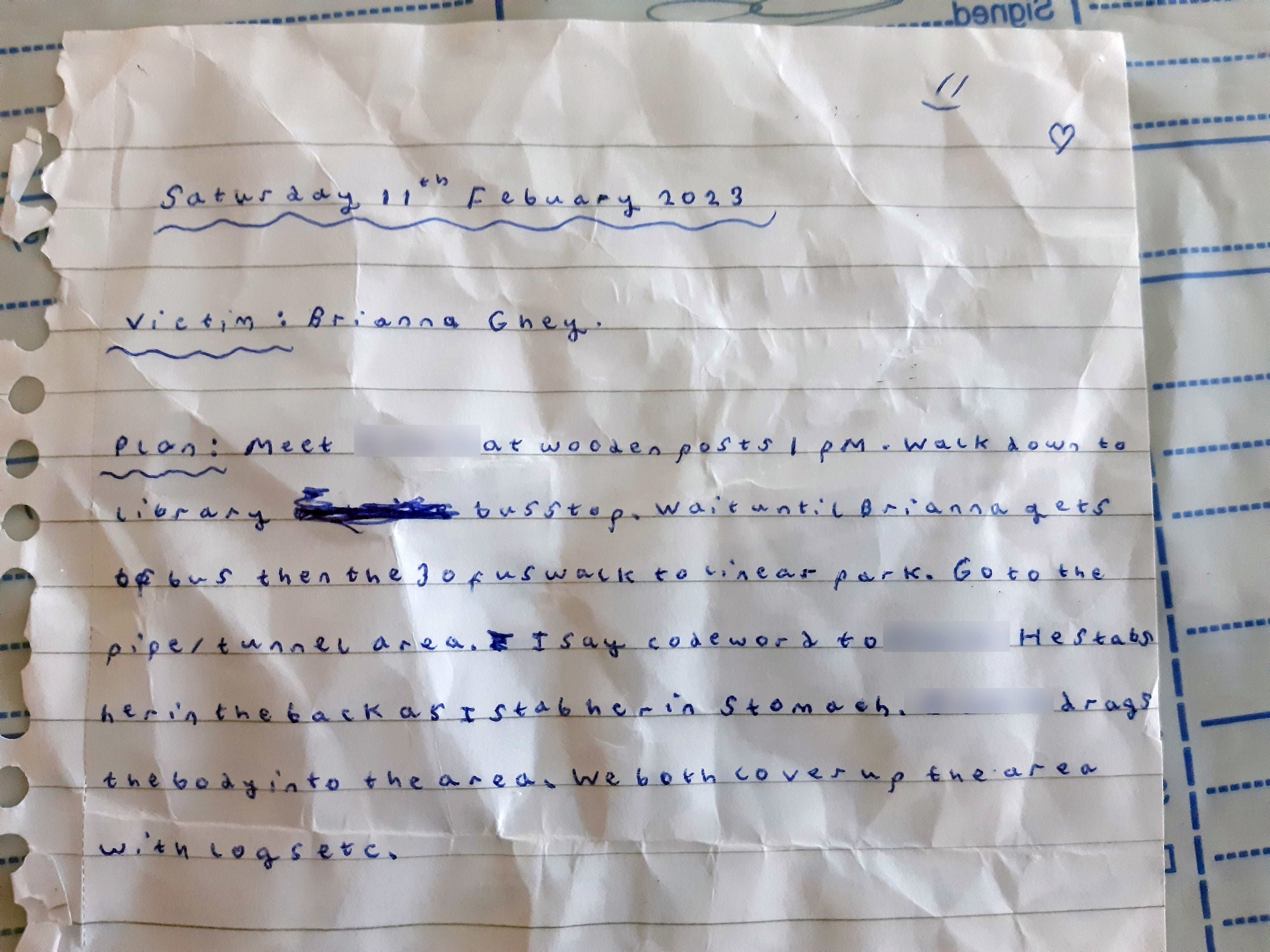 On Jenkinson’s bedroom floor, a crumpled, handwritten plan to kill Brianna was found by police, the jury was told