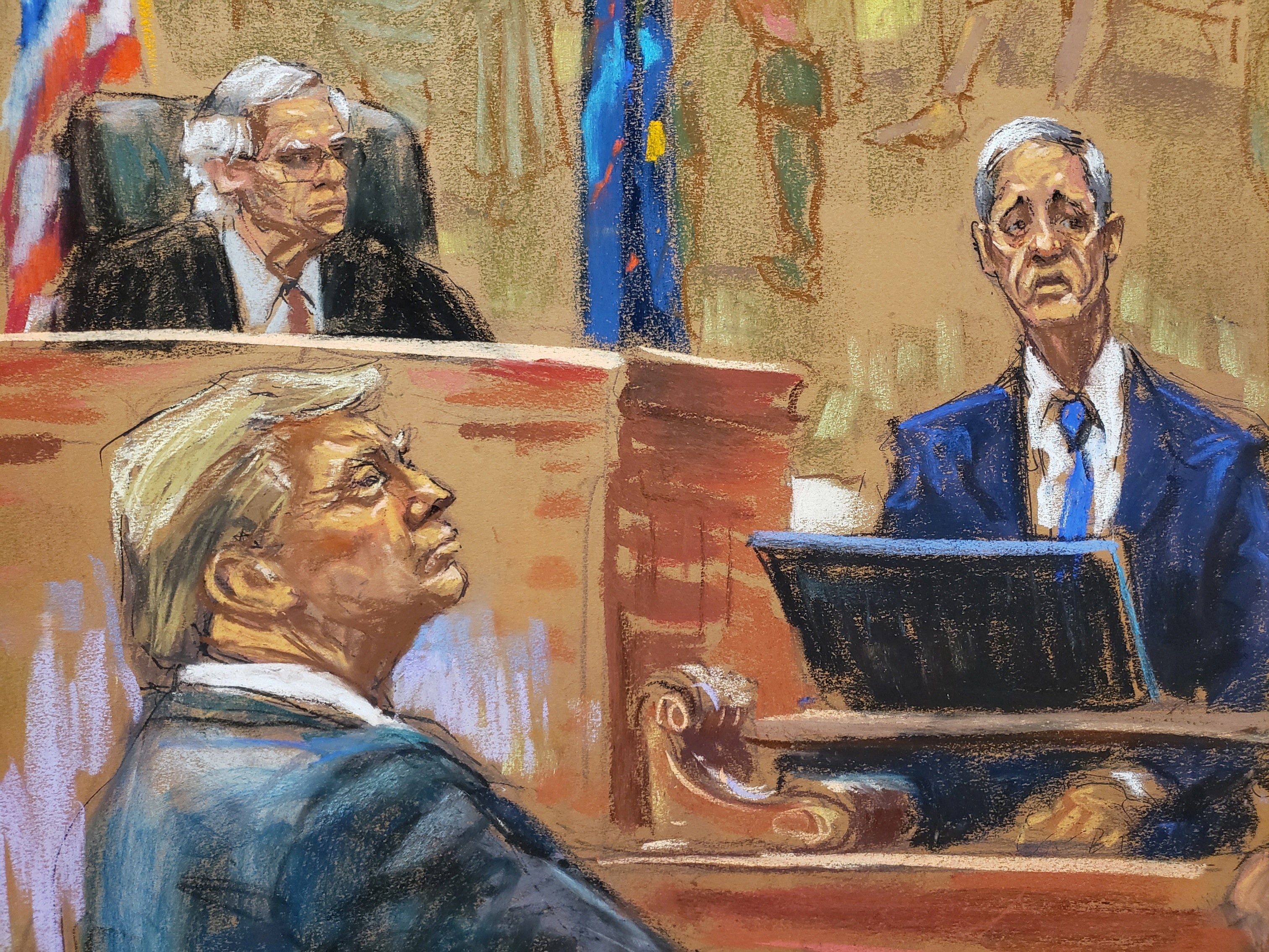 A courtroom sketch depicts Donald Trump watching testimony from Eli Bartov, a New York University accounting professor, during his civil fraud trial on 7 December.