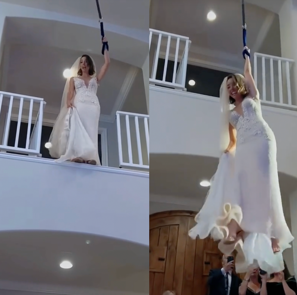 Bride amuses viewers with unusual reception entrance