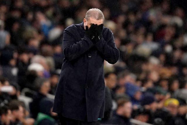 Ange Postecoglou shows his frustration during Tottenham’s 2-1 loss to West Ham (John Walton/PA)