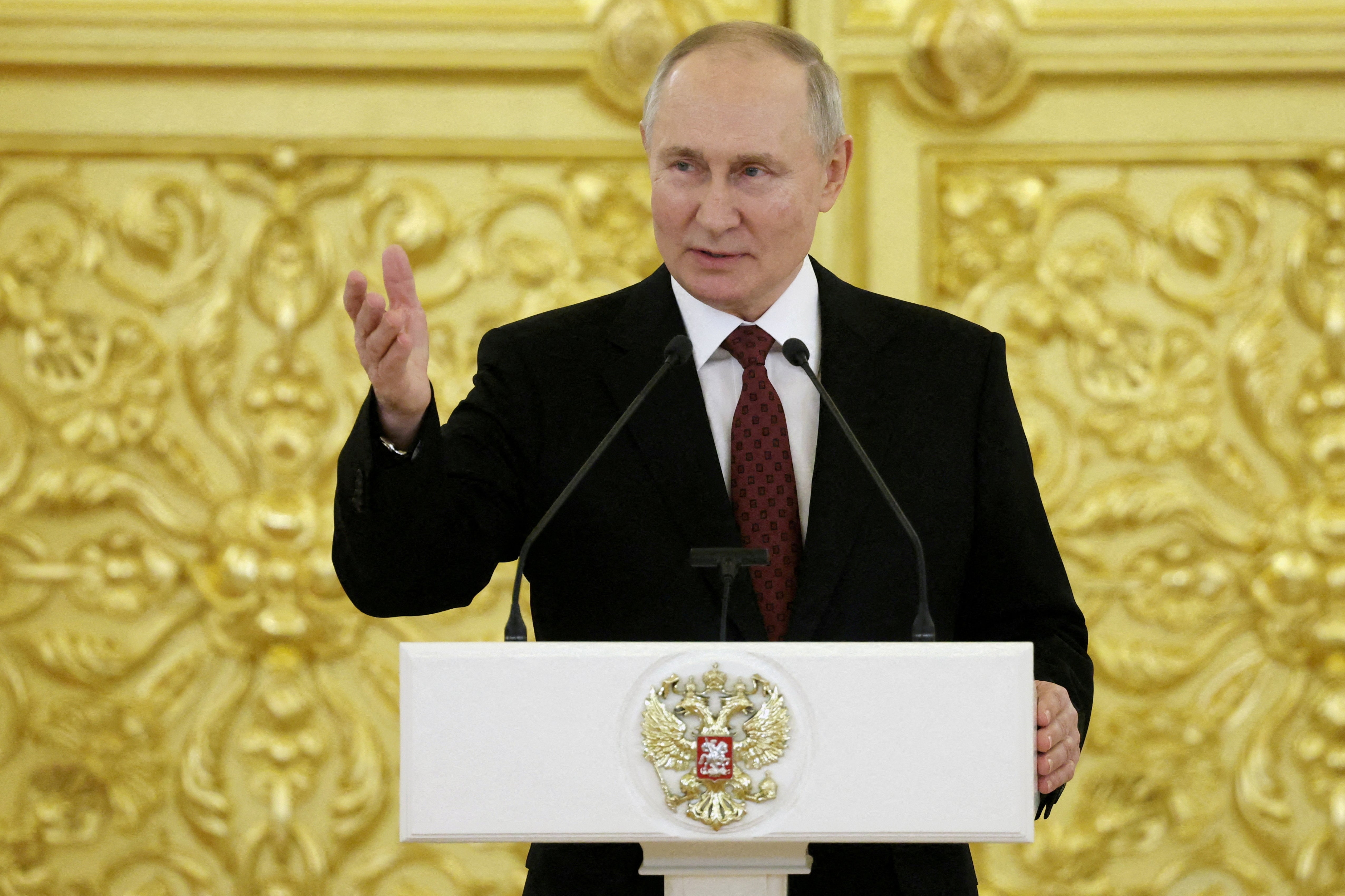 <p>Vladimir Putin speaks at a ceremony to receive diplomatic credentials from newly appointed foreign ambassadors at the Grand Kremlin Palace in Moscow</p>