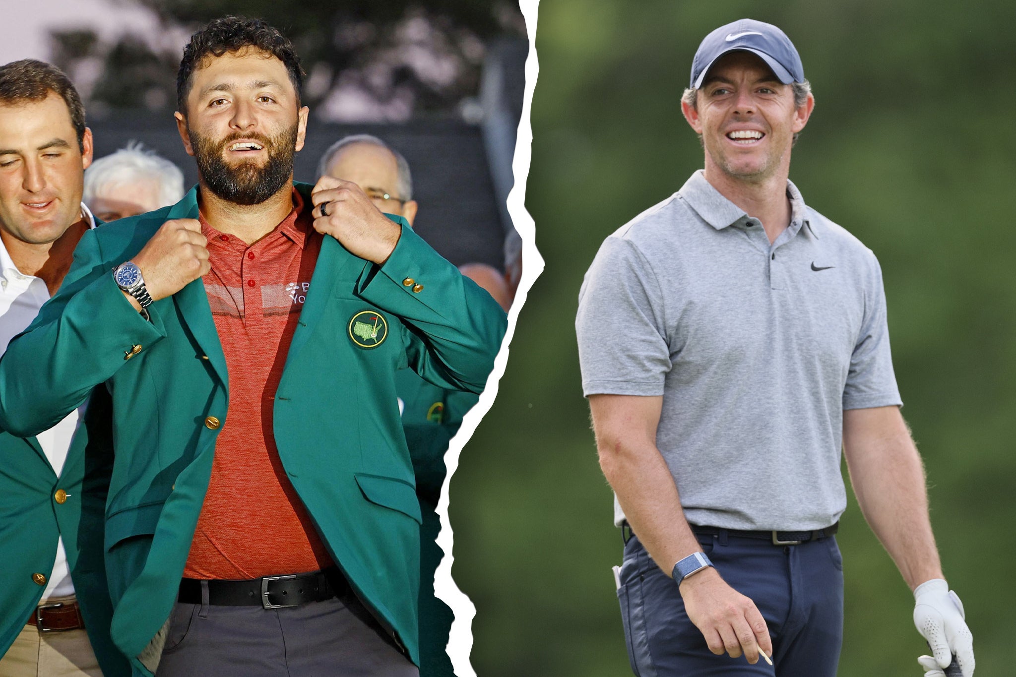 Jon Rahm, left, has announced he is joining the LIV Tour on a contract reckoned to be worth $450m (£358m), while Rory McIlroy, right, remains with the PGA Tour