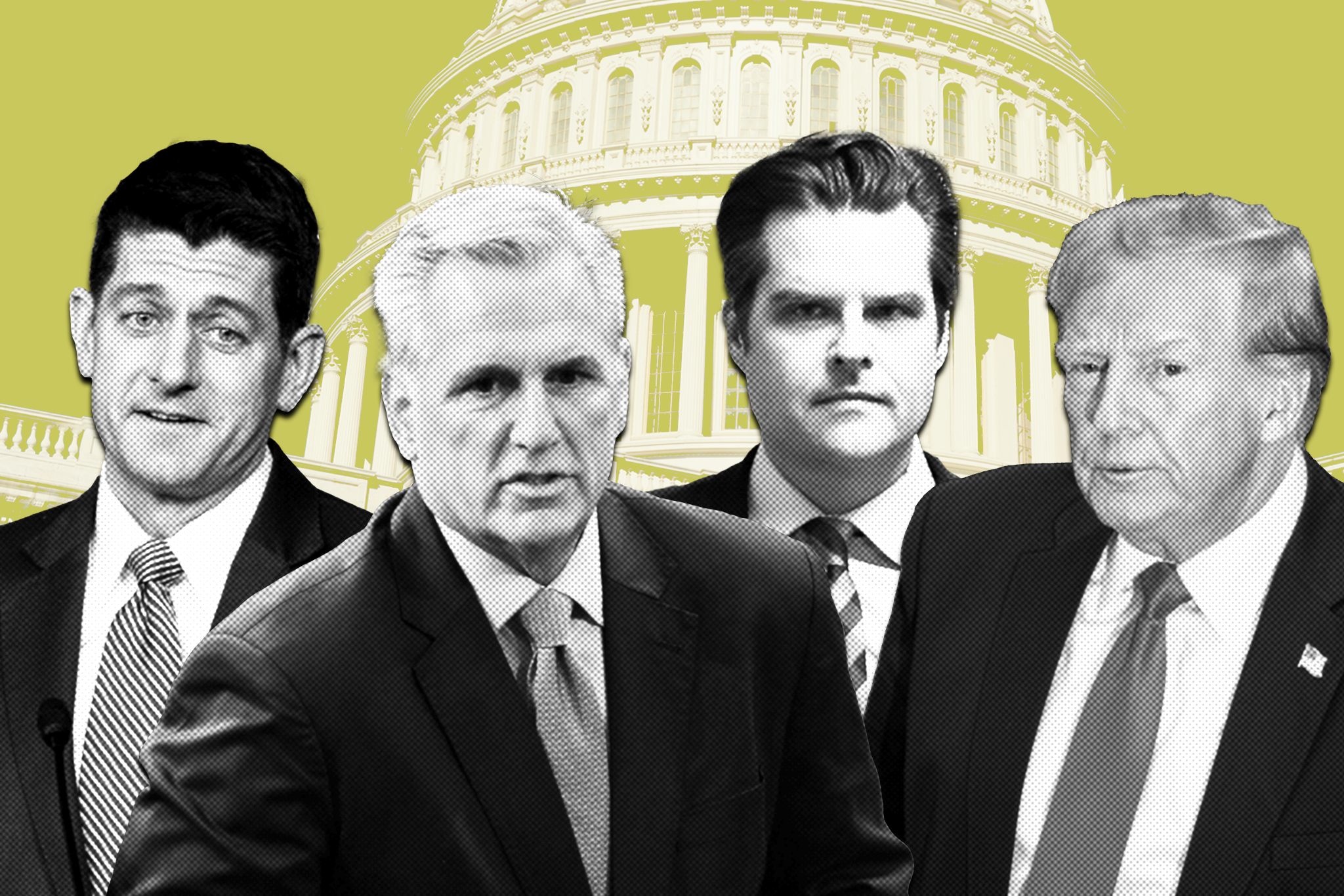 From left: Former House Speaker Paul Ryan, former House Speaker Kevin McCarthy, Rep Matt Gaetz and former President Donald Trump