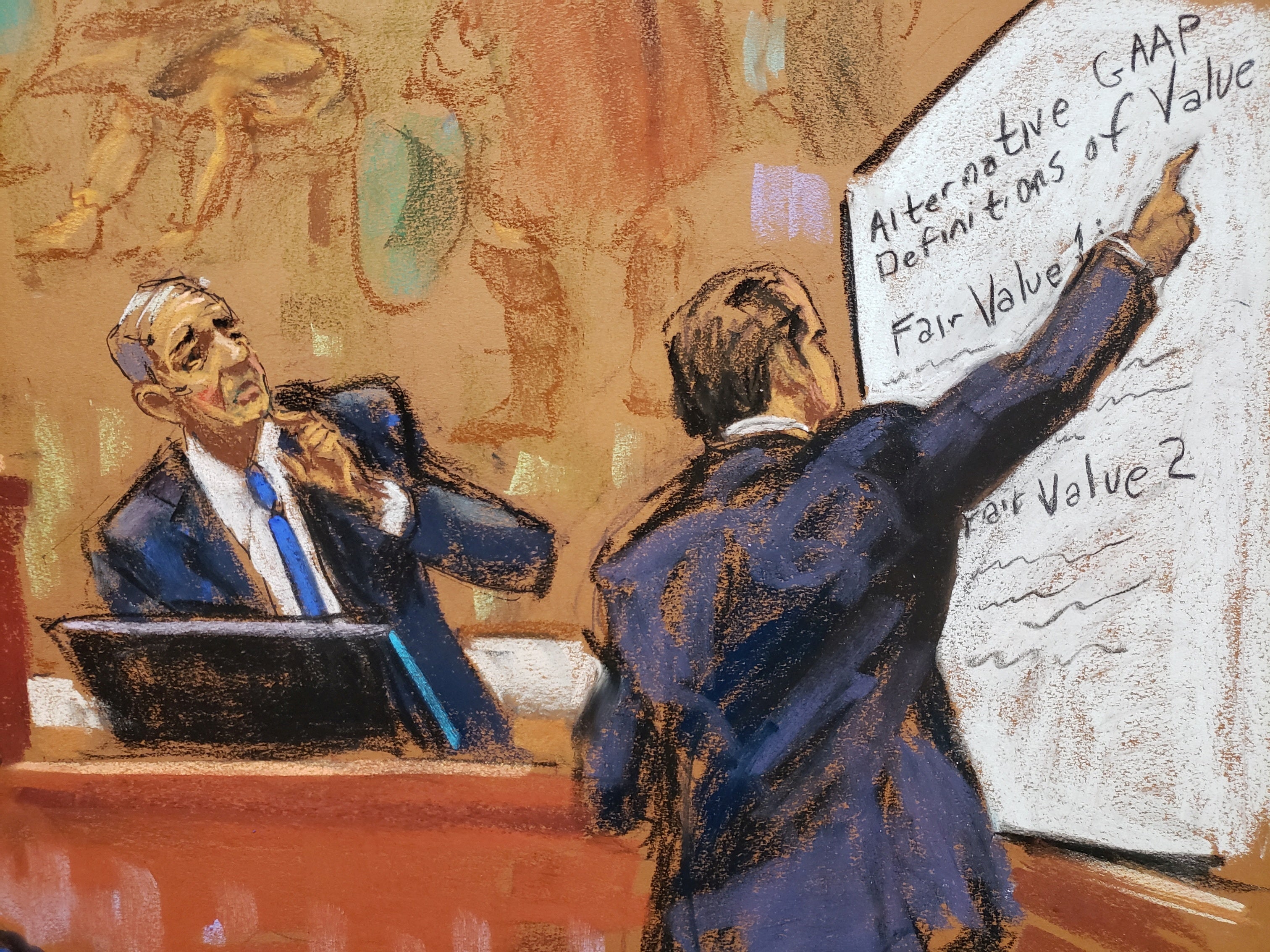 <p>Eli Bartov, left, testifies during Donald Trump’s civil fraud trial in New York under questioning from defence attorney Jesus Suarez on 7 December. </p>