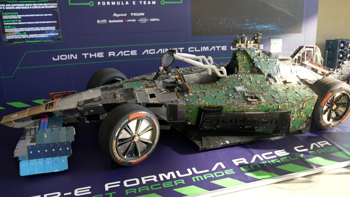 First Formula E car made from electronic waste on display at Cop28