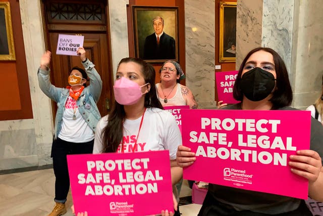 <p>Abortion-rights supporters chant their objections at the Kentucky Capitol, 13 April  2022, in Frankfort, Kentucky. A pregnant woman in Kentucky filed a lawsuit Friday, 8 December 2023, challenging the state's sweeping abortion ban, saying the right to terminate a pregnancy is crucial for people to "control their lives” </p>