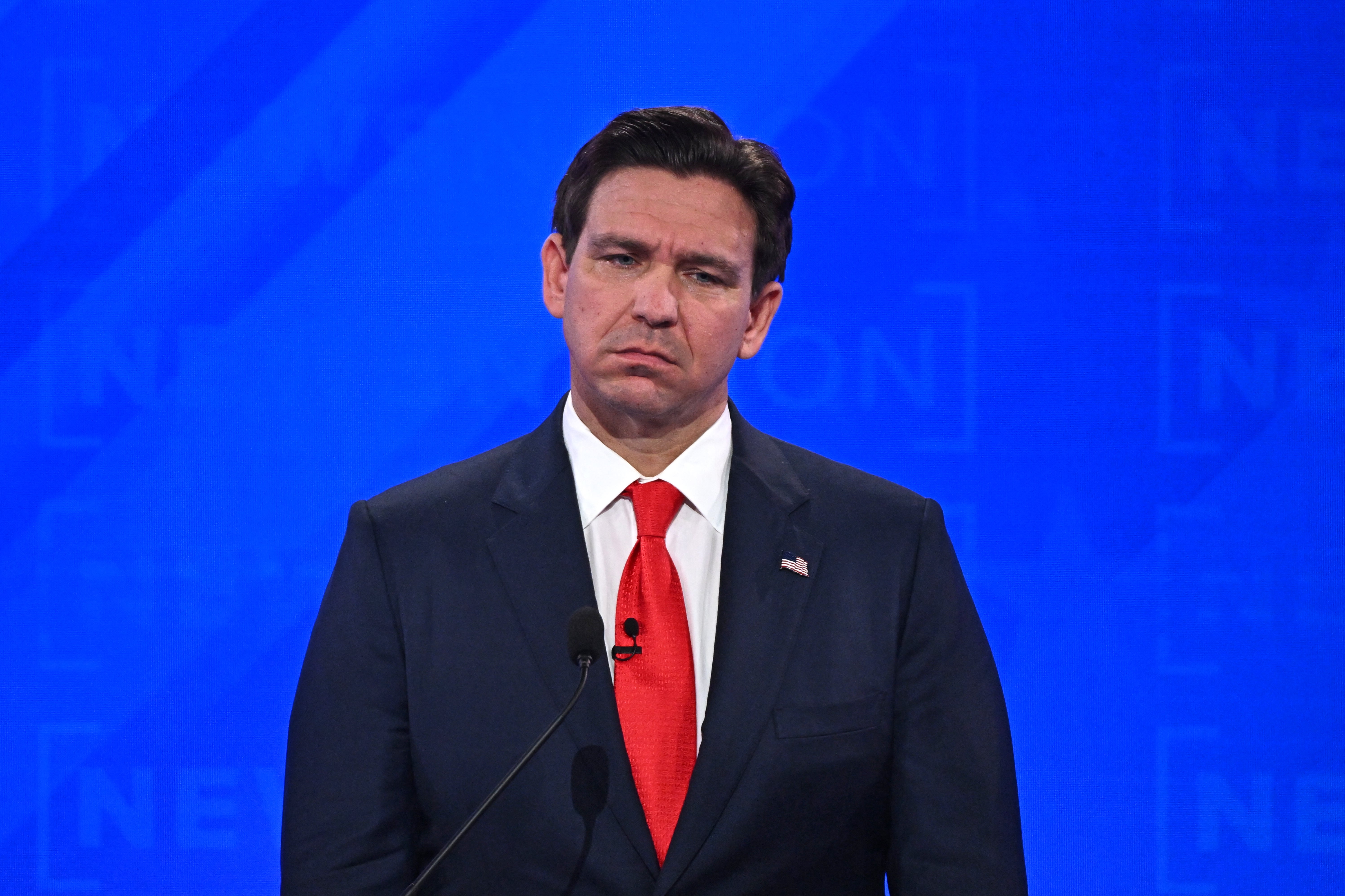 Florida Governor Ron DeSantis looks on during the fourth Republican presidential primary debate at the University of Alabama in Tuscaloosa, Alabama