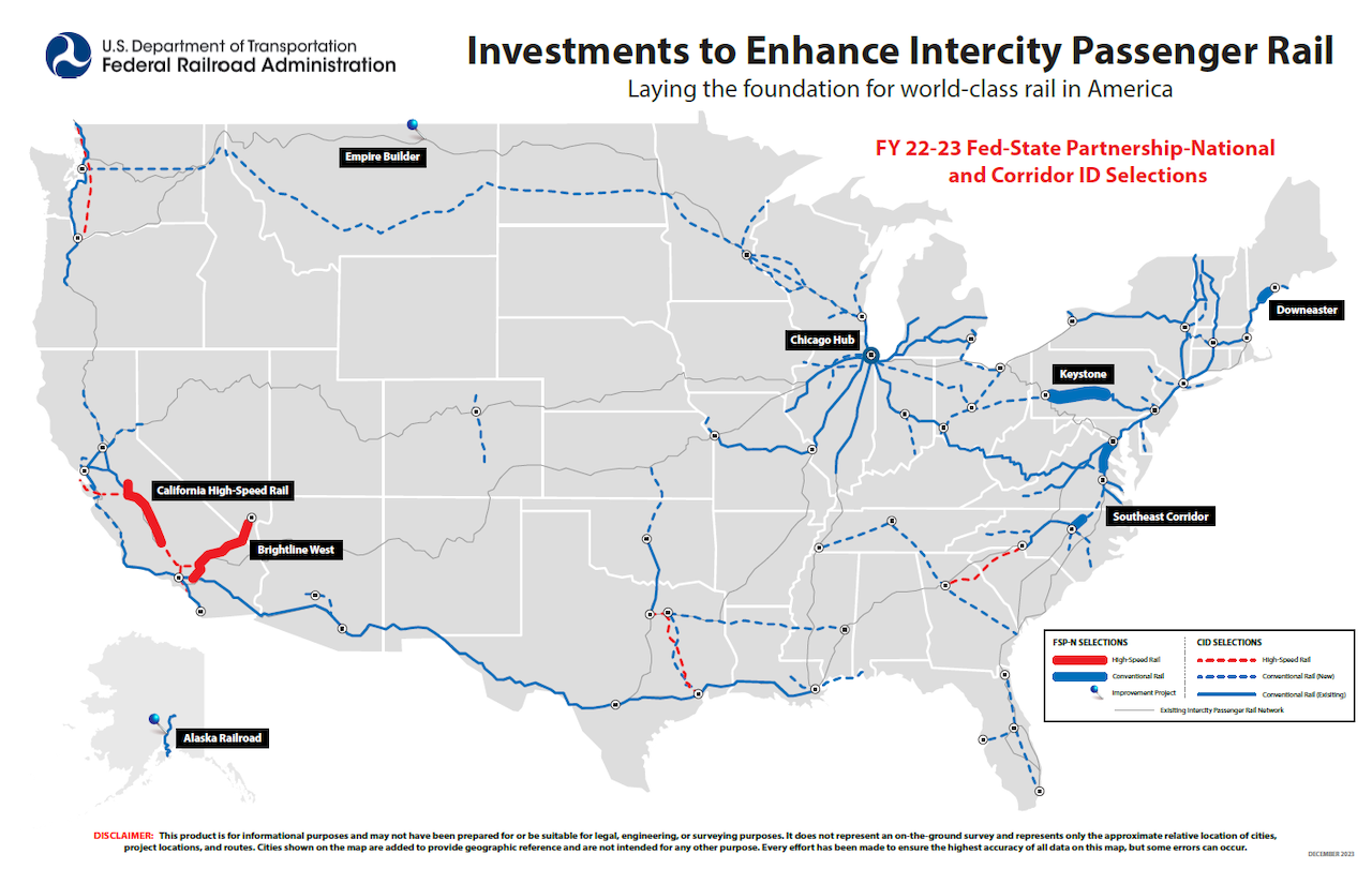 A map of Biden administration passenger rail projects in the US
