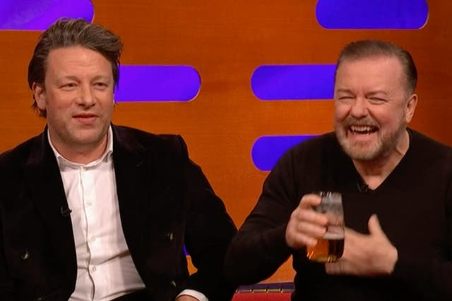 <p>Jamie Oliver (left) and Ricky Gervais on ‘The Graham Norton Show’</p>