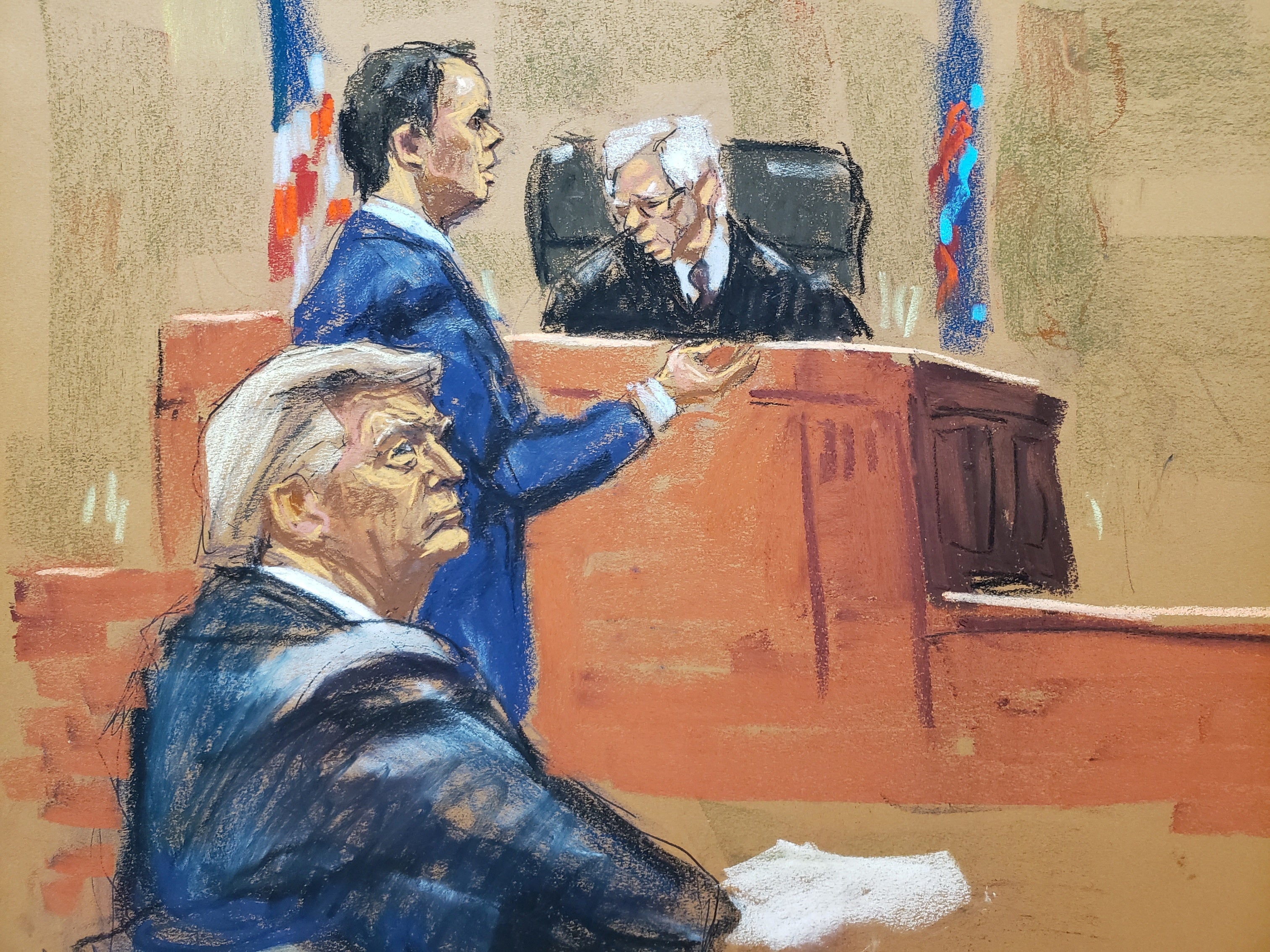 A courtroom sketch depicts Donald Trump sitting next to his attorney Christopher Kise as he speaks to Judge Arthur Engoron.