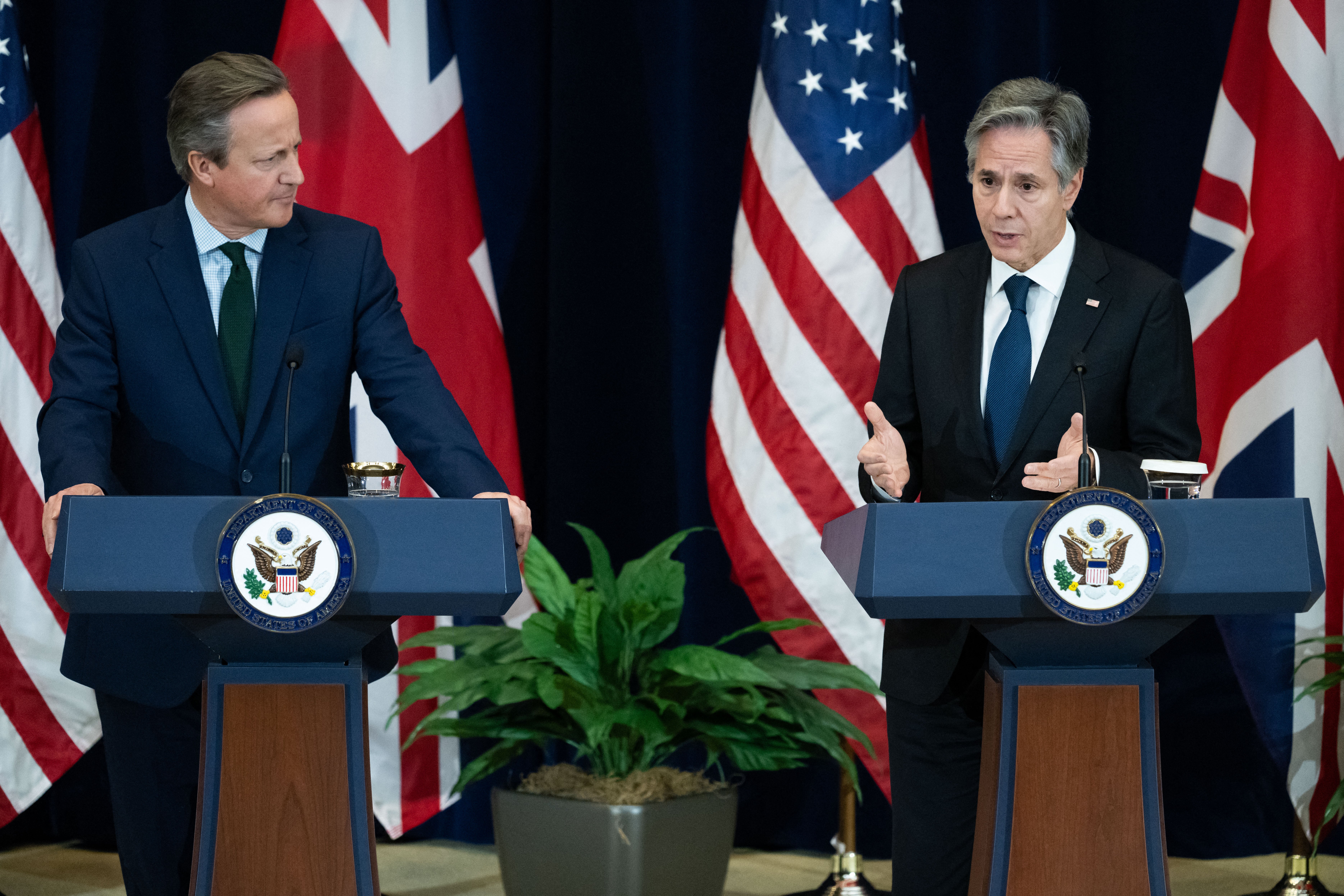 Foreign secretary Lord Cameron with US secretary of state Antony Blinken at a press conference in Washington DC on 7 December 2023