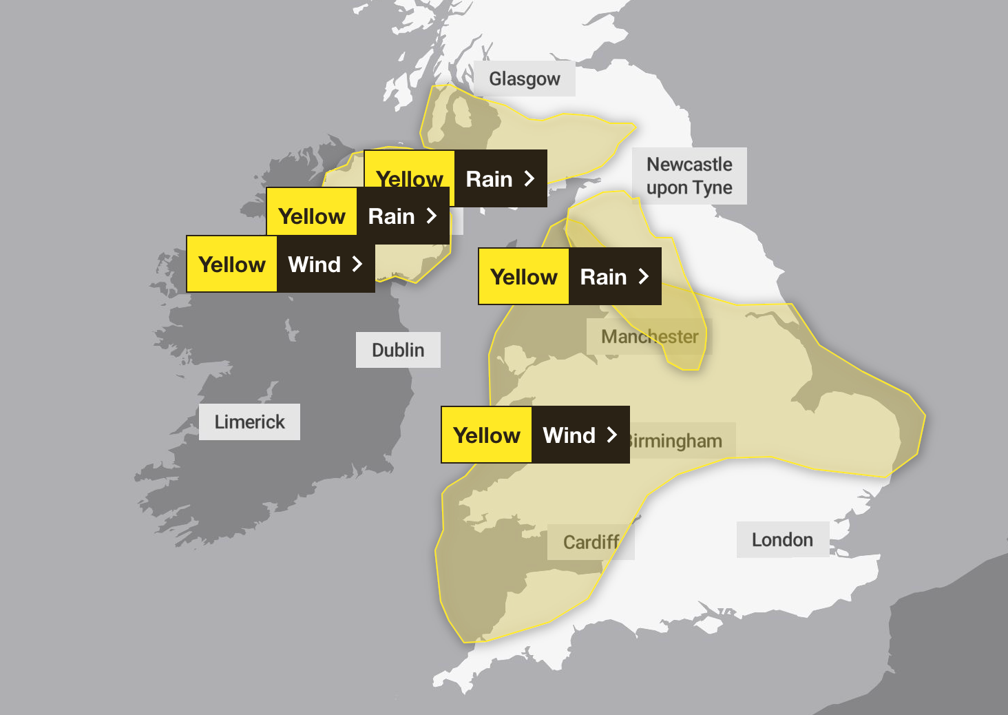 Overlapping weather warnings are in place for all of Saturday. One warned of strong winds perhaps leading to some transport disruption. The other said a band of rain will move across the area this morning, followed by a drier interlude, then heavy showers again this evening