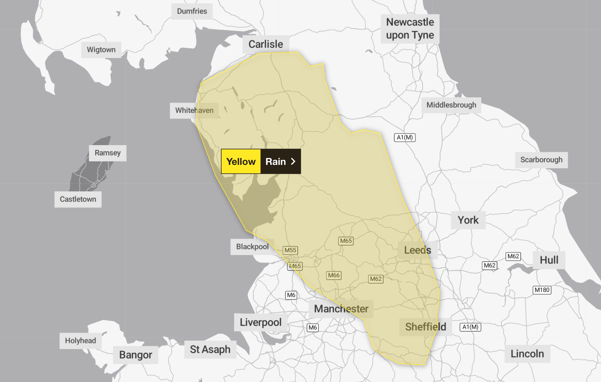A single weather warning is currently in place for Sunday 10 December, warning of the chance of heavy rain in northwestern England in the early hours