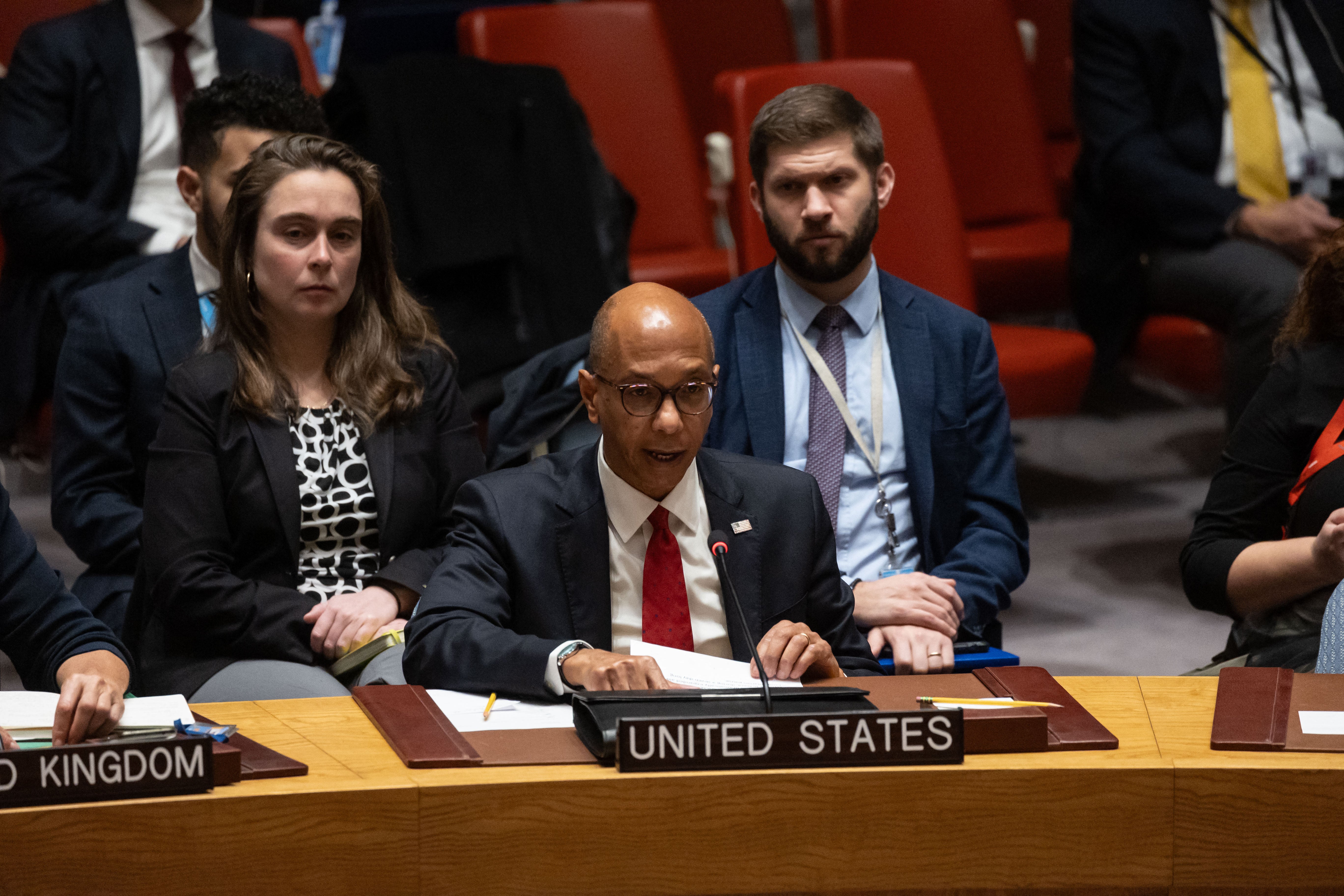 Deputy US ambassador to the UN Robert A Wood speaks during a United Nations Security Council meeting on Gaza