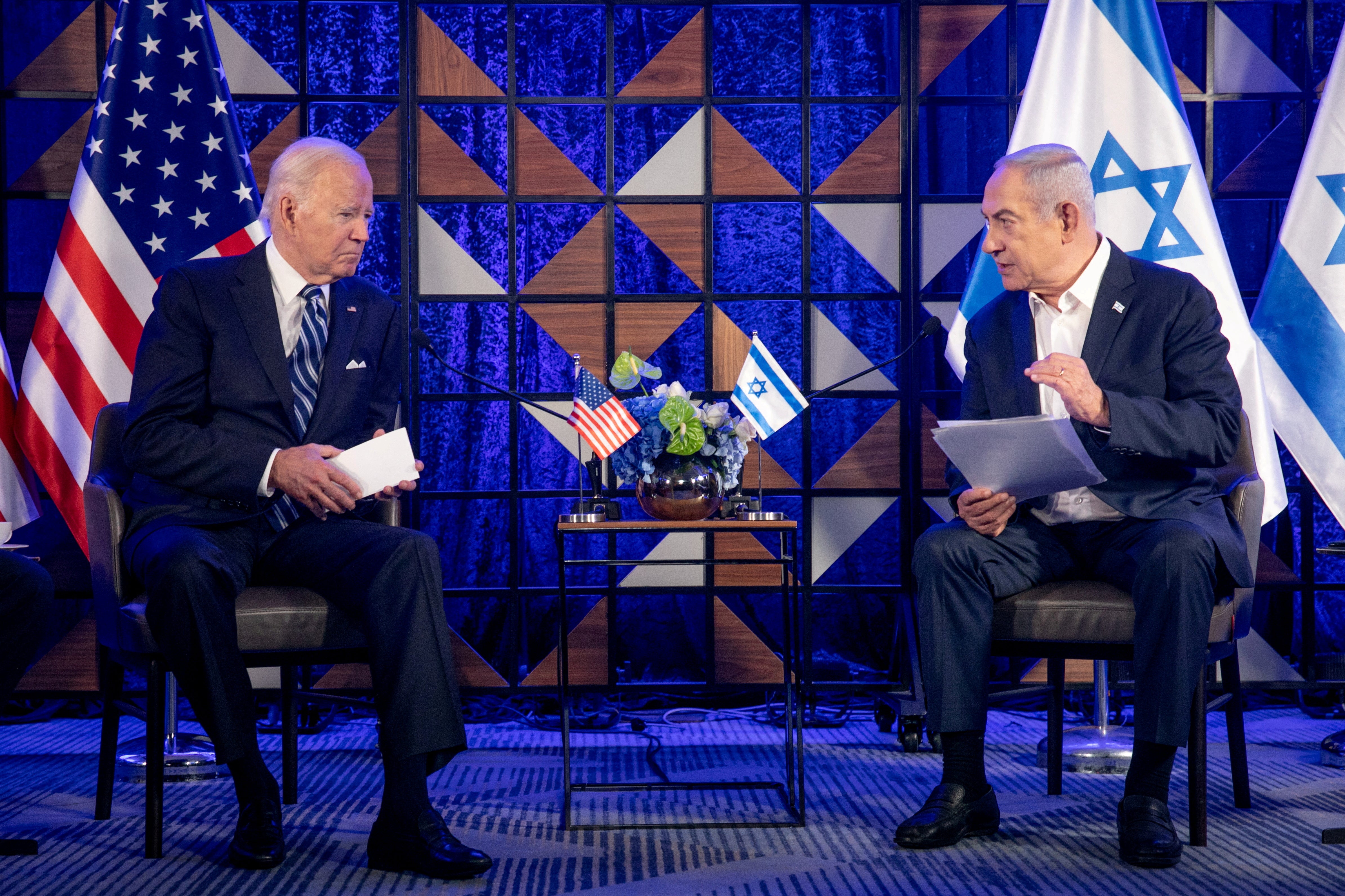 U.S. President Joe Biden, left, meets with Israeli Prime Minister Benjamin Netanyahu, right, to discuss the ongoing conflict between Israel and Hamas, in Tel Aviv, Israel, Wednesday, Oct. 18, 2023.