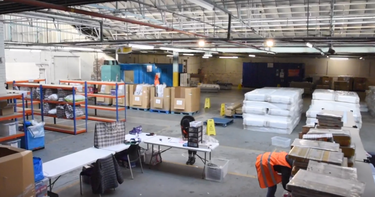 Zarach’s warehouse filled with bedding, duvets, toiletries and pyjamas