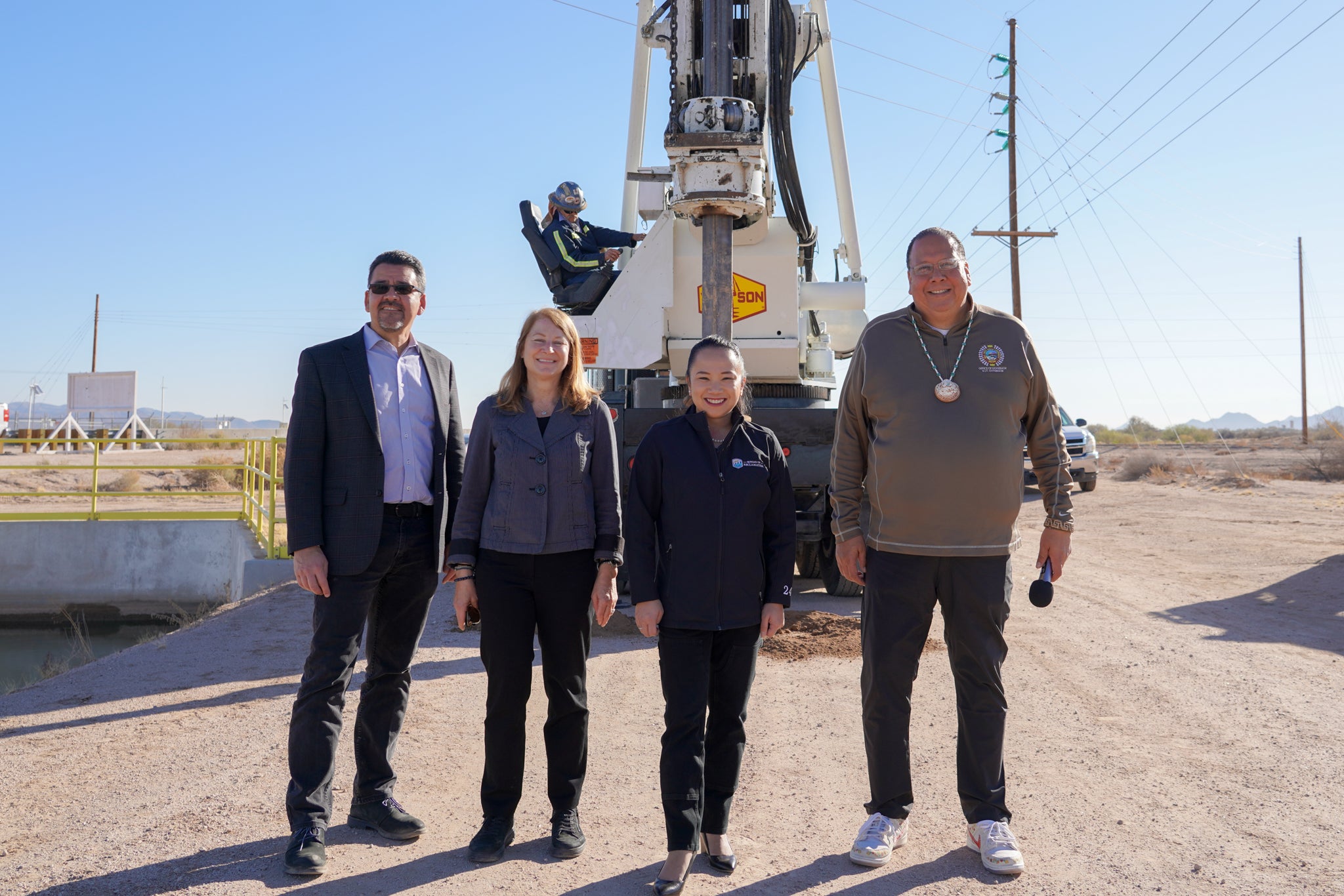 At the 8 December ground-breaking ceremony, Gila River Indian Community Governor Stephen Lewis (right) stands with Bureau of Reclamation Commissioner Camille Touton, Acting Principal Deputy Secretary of the Interior Laura Daniel-Davis and USACE Assistant Secretary of Civil Works Michael Connor.