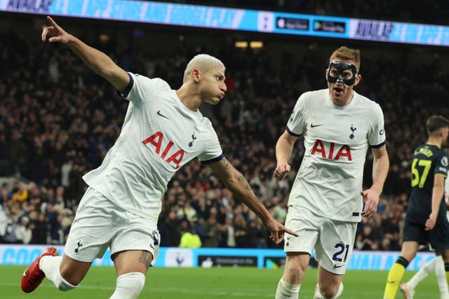 Tottenham forward Richarlison, left, celebrates scoring against Newcastle (Ian Walton/PA)