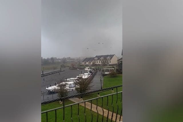 <p>Watch ‘tornado’ sweep through Irish village destroying homes and cars in its path.</p>