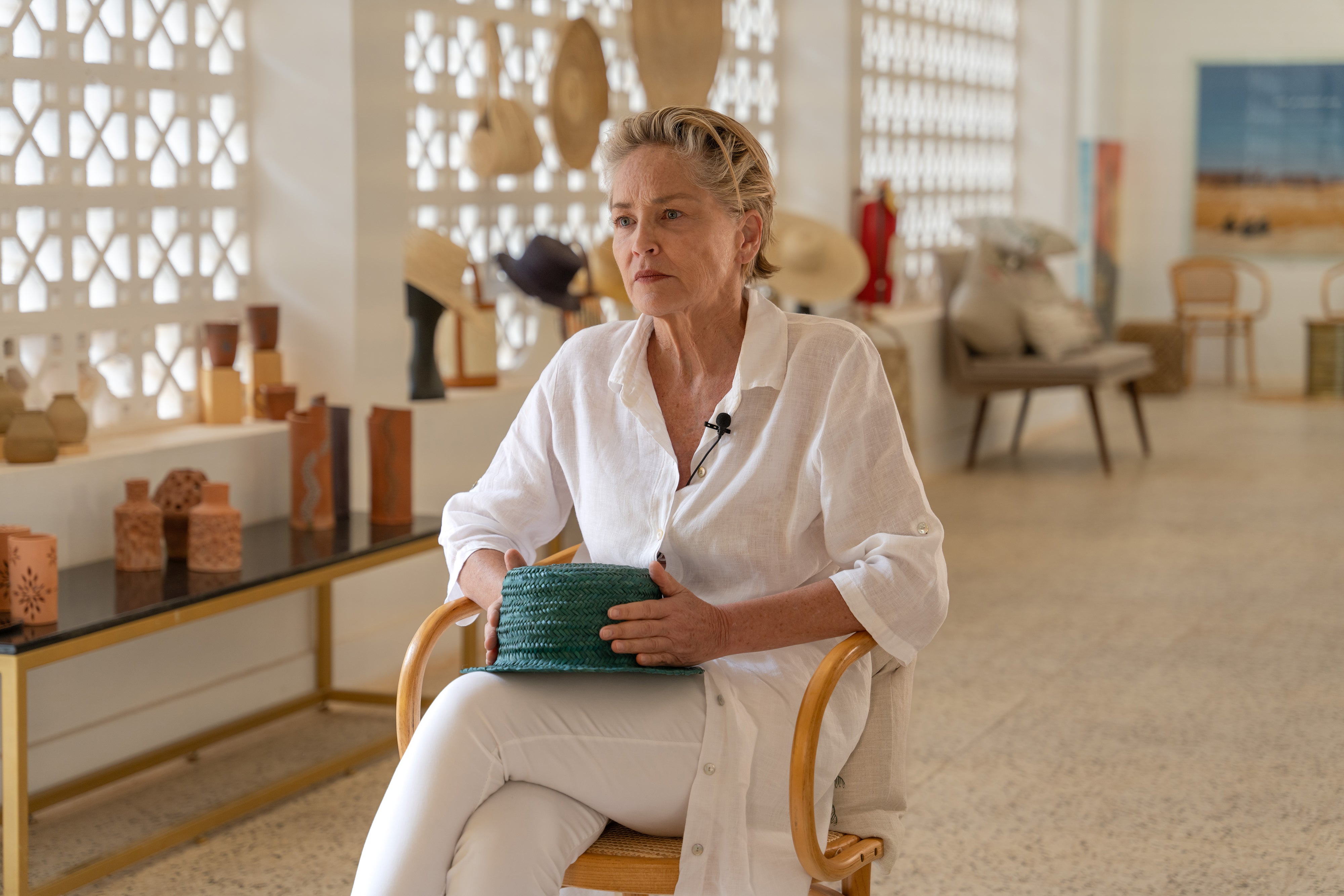 If the hat fits: Sharon Stone, pictured in an arts centre in AlUla, is forging a new path as artist and humanitarian
