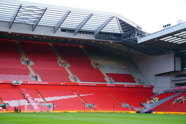 An increased 57,000 capacity is expected for the visit of Manchester United as the upper tier of the new Anfield Road stand is opened (Peter Byrne/PA)