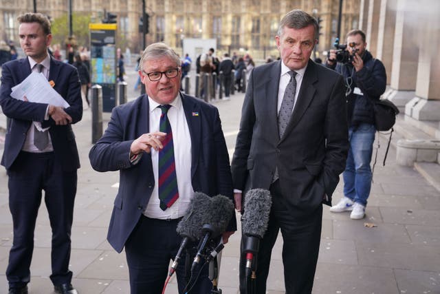 European Research Group (ERG) chairman Mark Francois (left), and deputy chairman David Jones, speak to the media outside Portcullis House (PA)