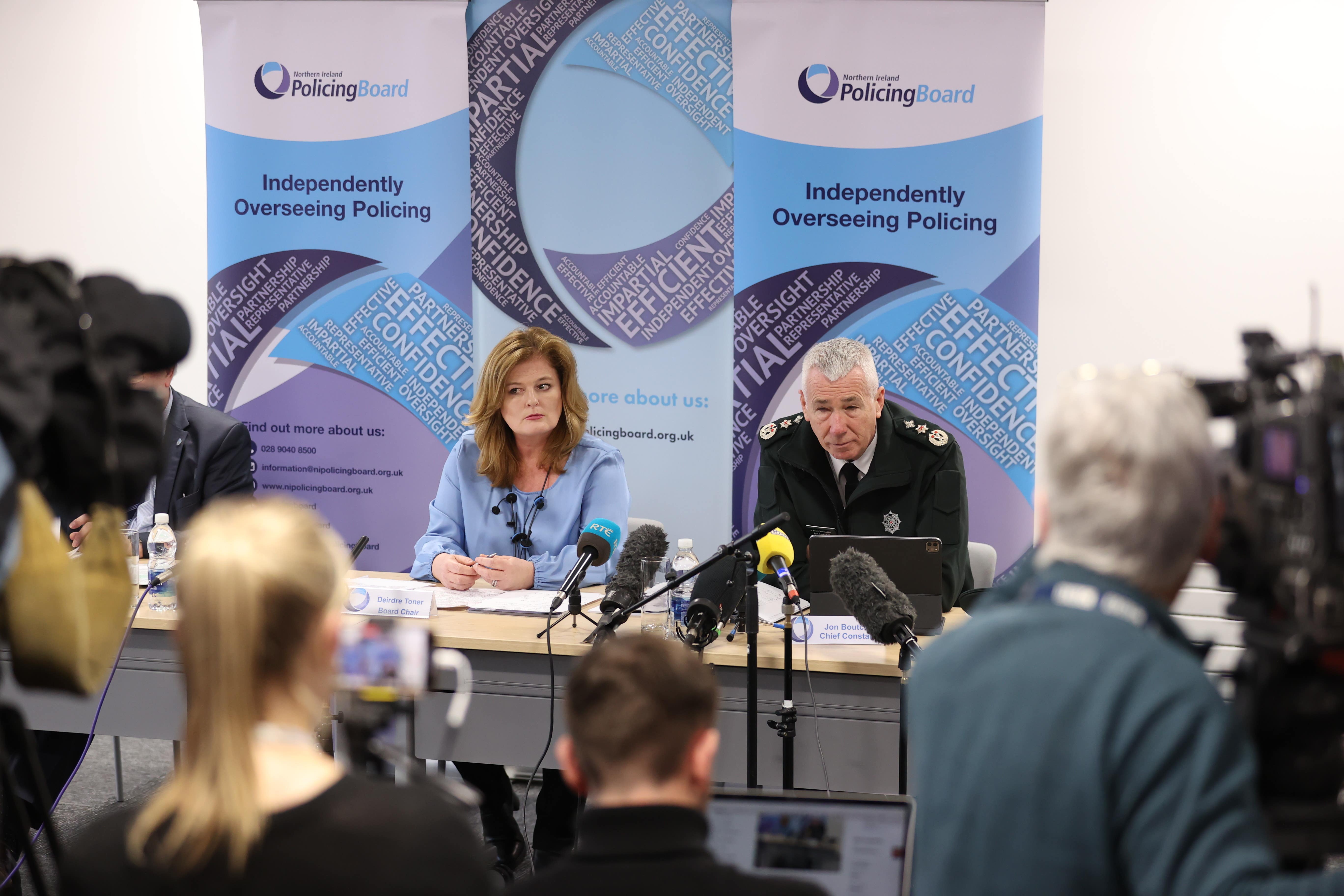 Policing Board chairwoman Deirdre Toner and PSNI Chief Constable Jon Boutcher speaking to the media following the release of the findings of the review (Liam McBurney/PA)