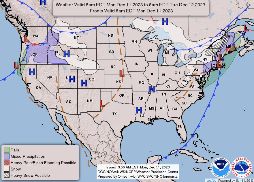 National Weather Service forecast map for Monday