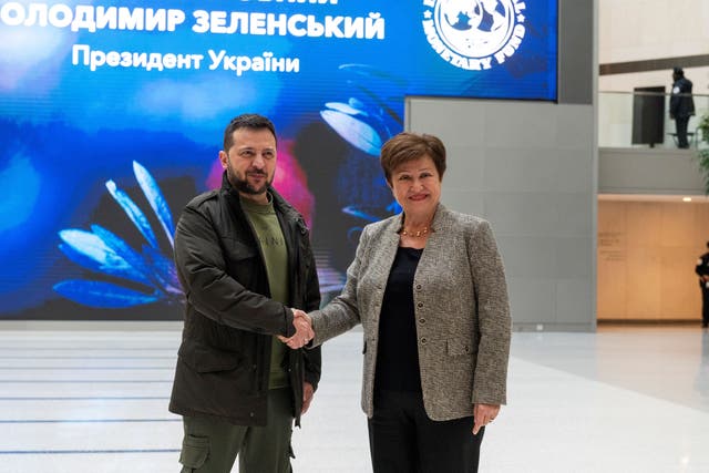 <p>Zelensky with the head of the IMF in Washington on Monday </p>