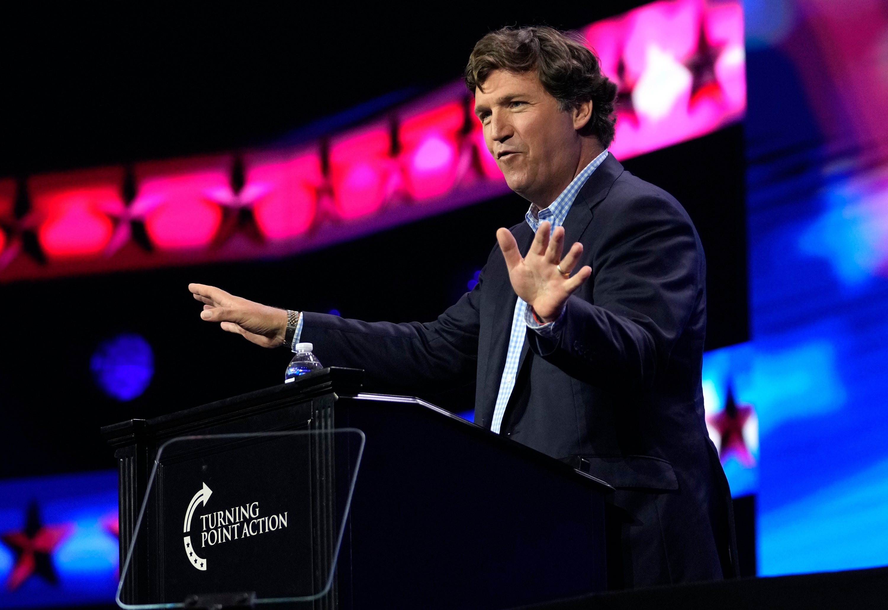 Tucker Carlson speaks at the Turning Point Action conference, Saturday, July 15, 2023, in West Palm Beach, Florida
