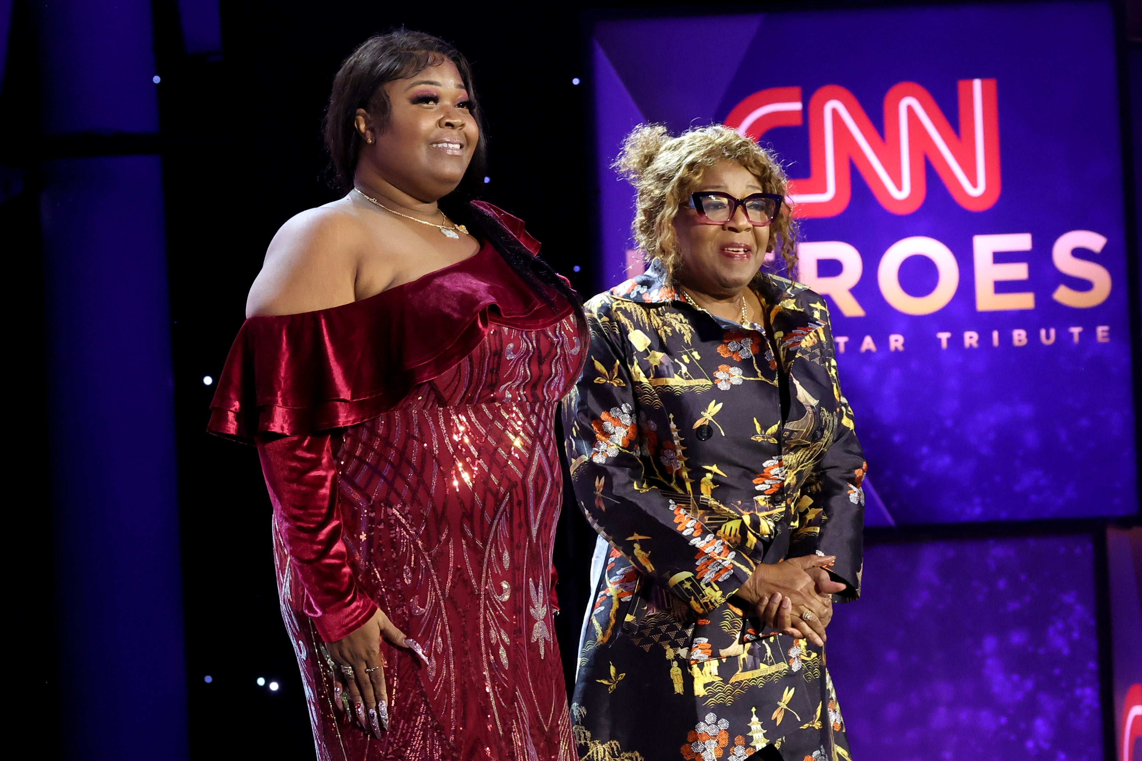 Shaye Moss, left, and Ruby Freeman speak onstage during the 16th annual CNN Heroes: An All-Star Tribute at the American Museum of Natural History in 2022