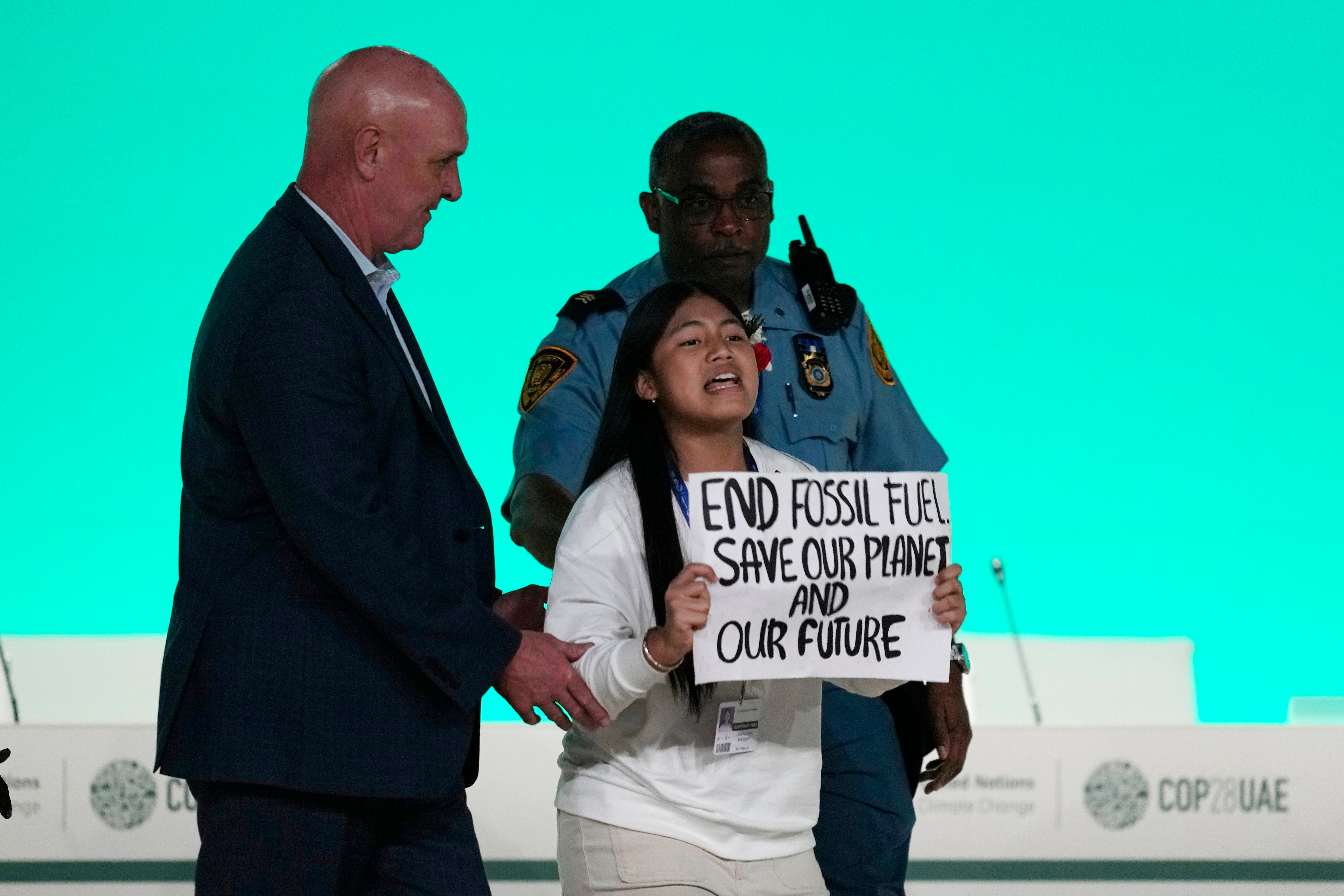 Licypriya Kangujam protests against fossil fuels during an event at the COP28 UN climate summit