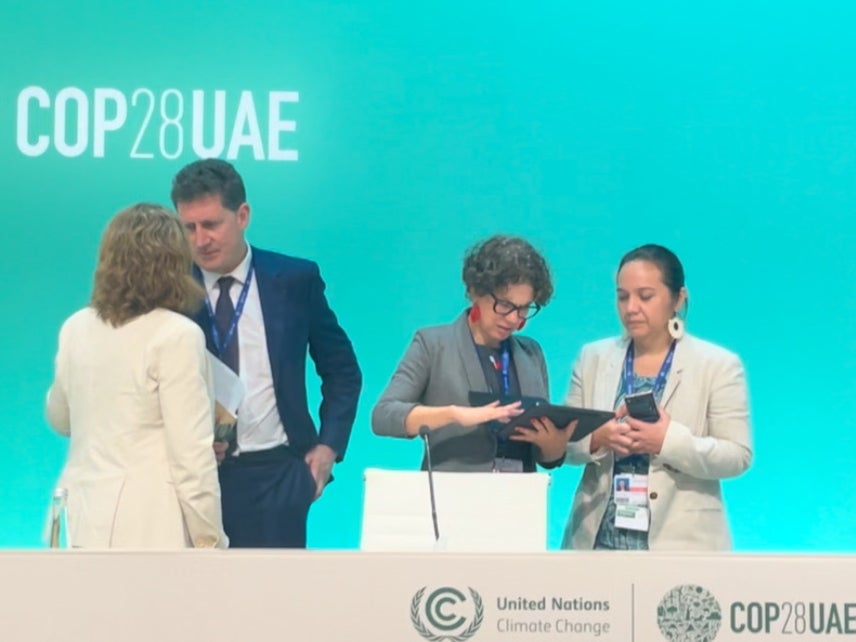 Tina Stege organizes a meeting with Maisa Rojas, Chile’s environment minister, as Eamon Ryan, Ireland’s environment minister, speaks to another member of the Beyond Oil and Gas Alliance at Cop28
