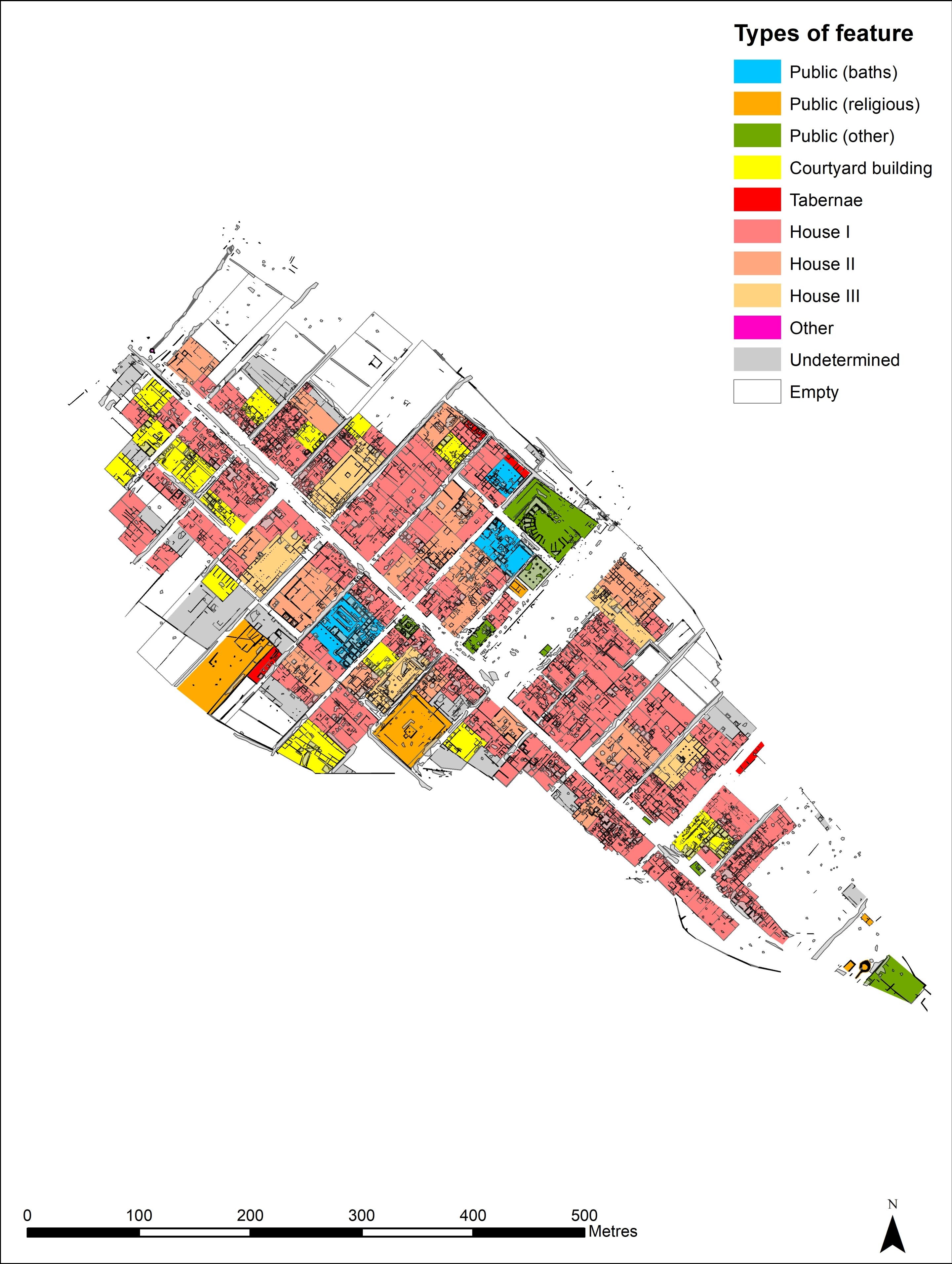 A plan of Interamna Lirenas showing the distribution of different types of buildings
