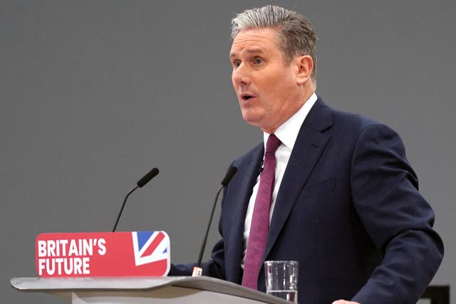 <p>Labour leader Starmer gives a speech in Silverstone, to mark the fourth anniversary of his party’s most recent electoral wipeout</p>
