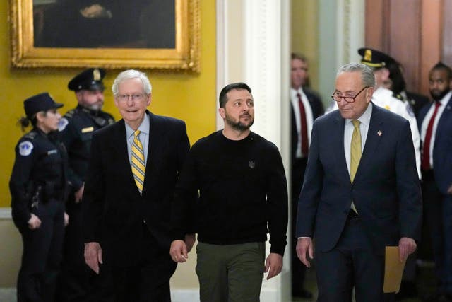 <p>Ukrainian President Volodymyr Zelensky visits the US Senate flanked by Mitch McConnell of the GOP and Chuck Schumer of the Democratic Party. </p>
