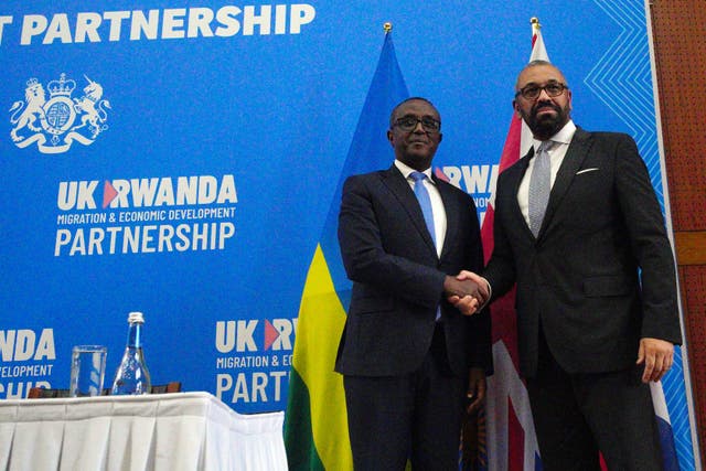 <p>Foreign secretary James Cleverly, right, with his Rwandan counterpart Vincent Biruta in Kigali    </p>