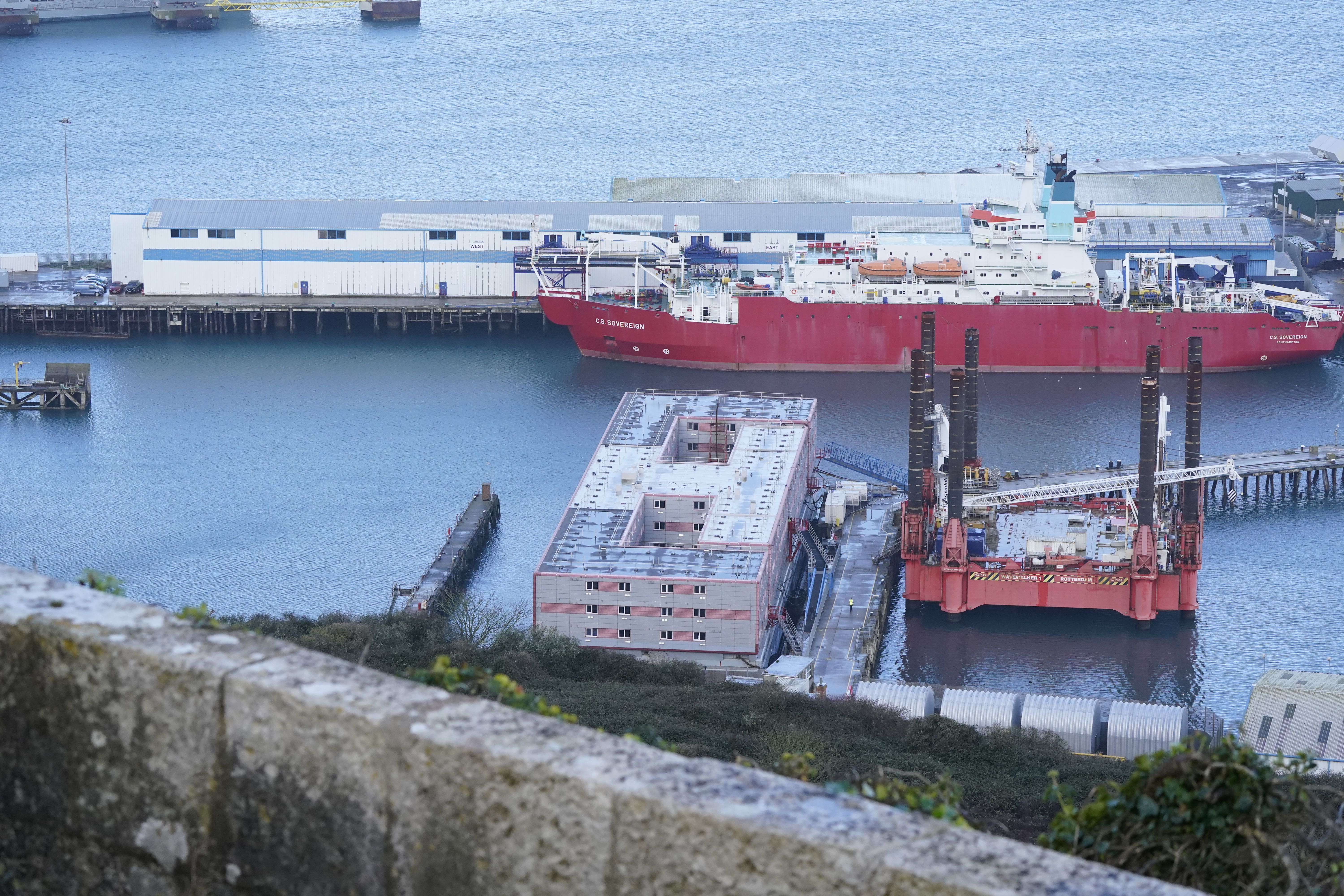 The Bibby Stockholm migrant accommodation barge following the death of an asylum seeker on board (Andrew Matthews/PA)