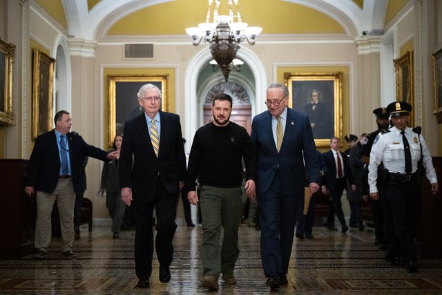 <p>Walking with Senate Minority Leader Mitch McConnell (R-KY) and Senate Majority Leader Chuck Schumer (D-NY), Ukrainian President Volodymyr Zelensky arrives at the US Capitol to meet with Congressional leadership on 12 December 2023 in Washington DC</p>