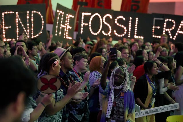 A demonstration to end fossil fuels at the Cop28 UN Climate Summit in Dubai (Peter Dejong/AP)