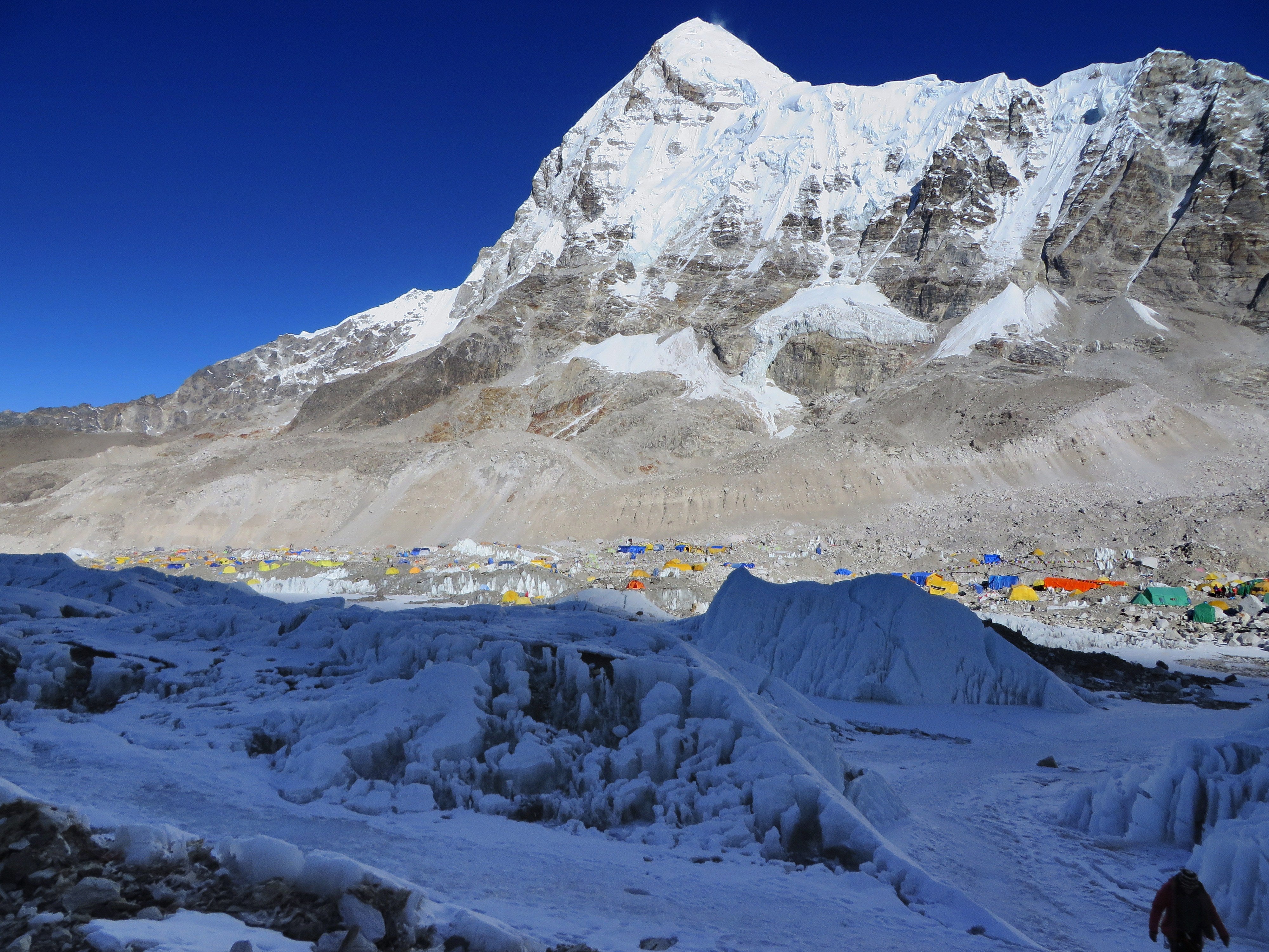 Everest Base Camp is seen from Crampon Point, the entrance to the Khumbu icefall below the mountain