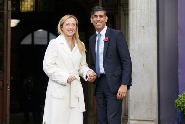 <p>Prime minister Rishi Sunak welcomes Italy’s prime minister Giorgia Meloni during his AI safety summit</p>