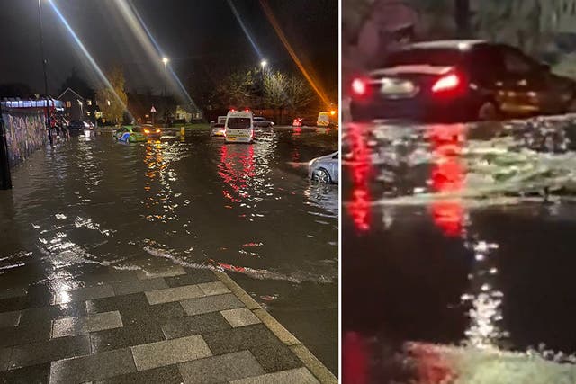 <p>Severe flooding leaves cars stranded on South London roundabout.</p>