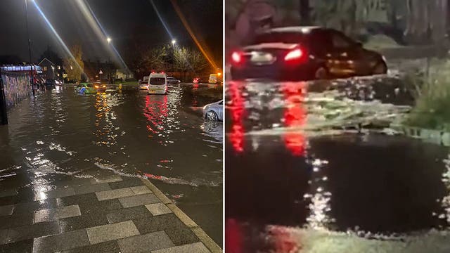<p>Severe flooding leaves cars stranded on South London roundabout.</p>