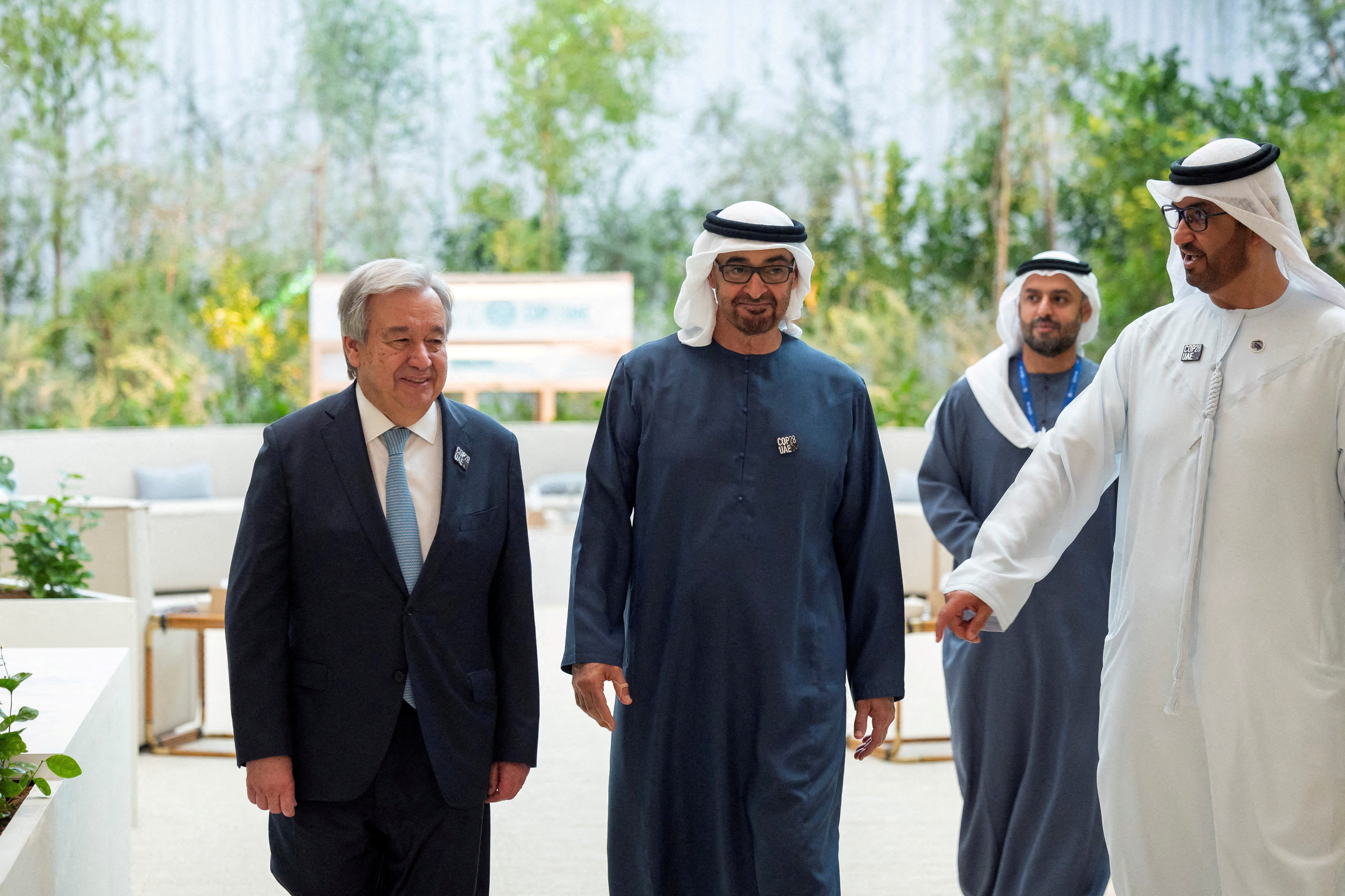 President of the United Arab Emirates Sheikh Mohamed bin Zayed Al Nahyan, next to Sultan bin Ahmed Al Jaber and Secretary-General of the United Nations Antonio Guterres