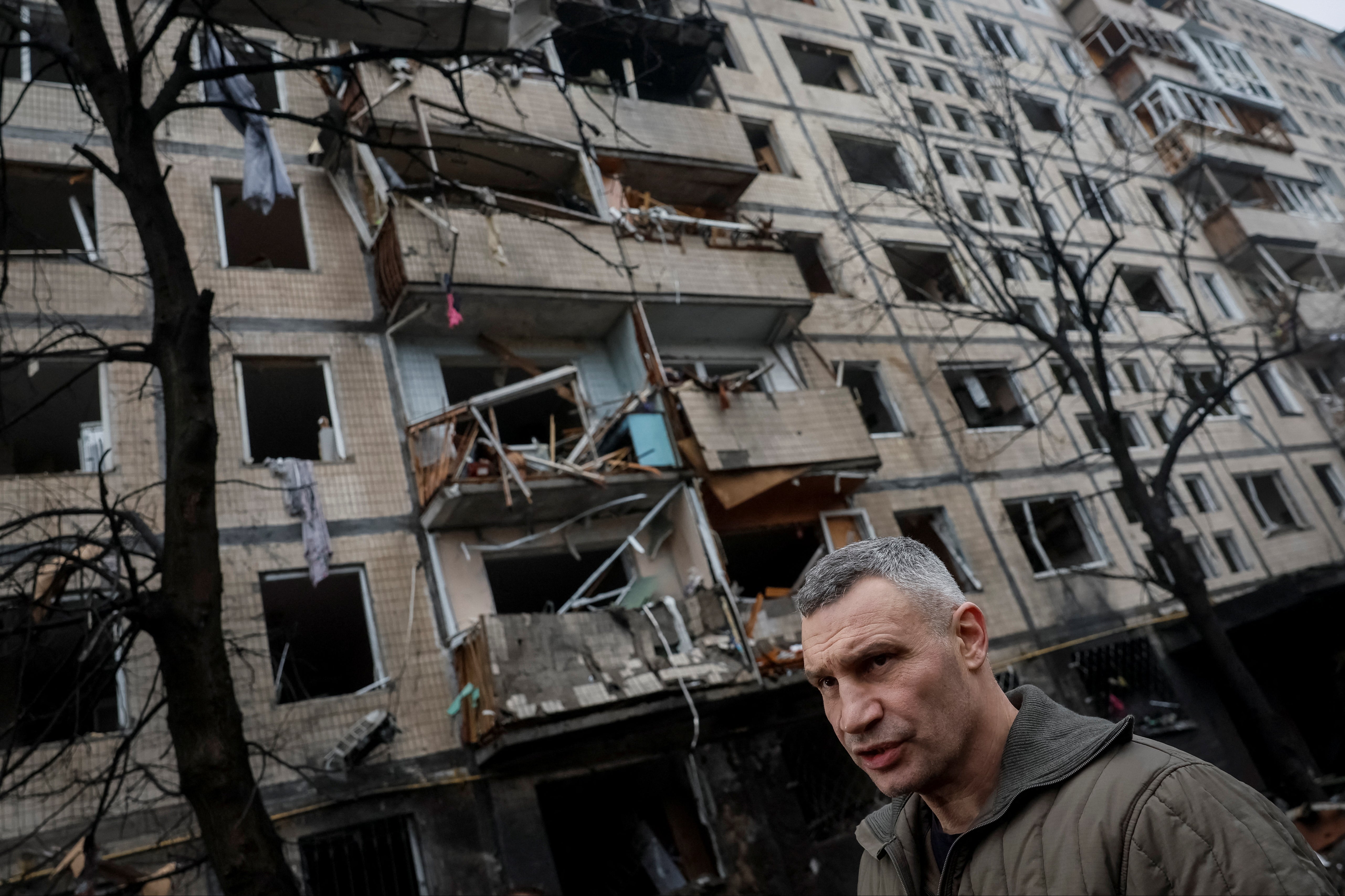 Kyiv’s mayor, Vitali Klitschko, visits the site where an apartment building damaged during a Russian missile strike