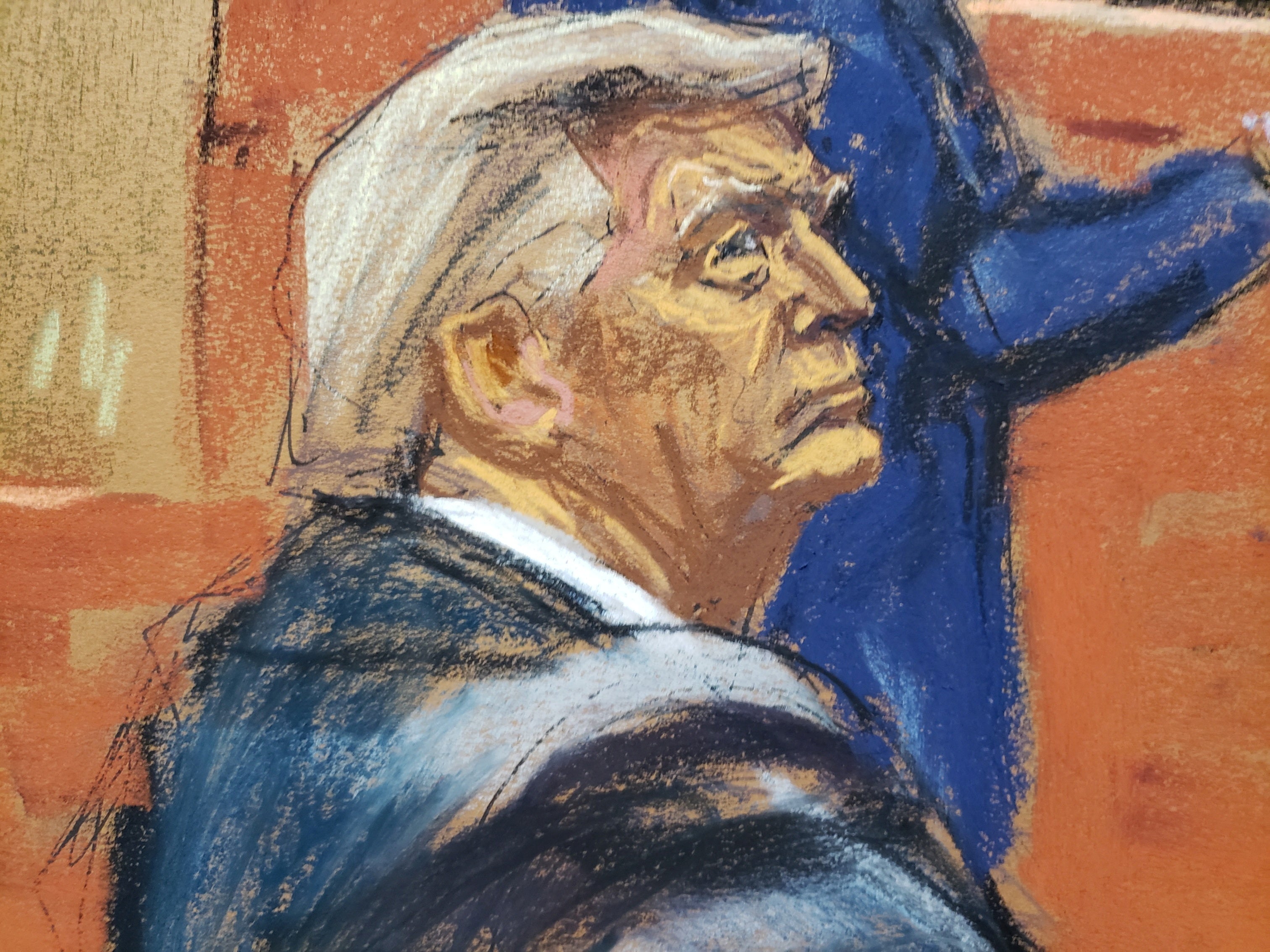 A courtroom sketch depicts Donald Trump listening as his attorney Christopher Kise speaks during the Trump Organization civil fraud trial on 7 December.